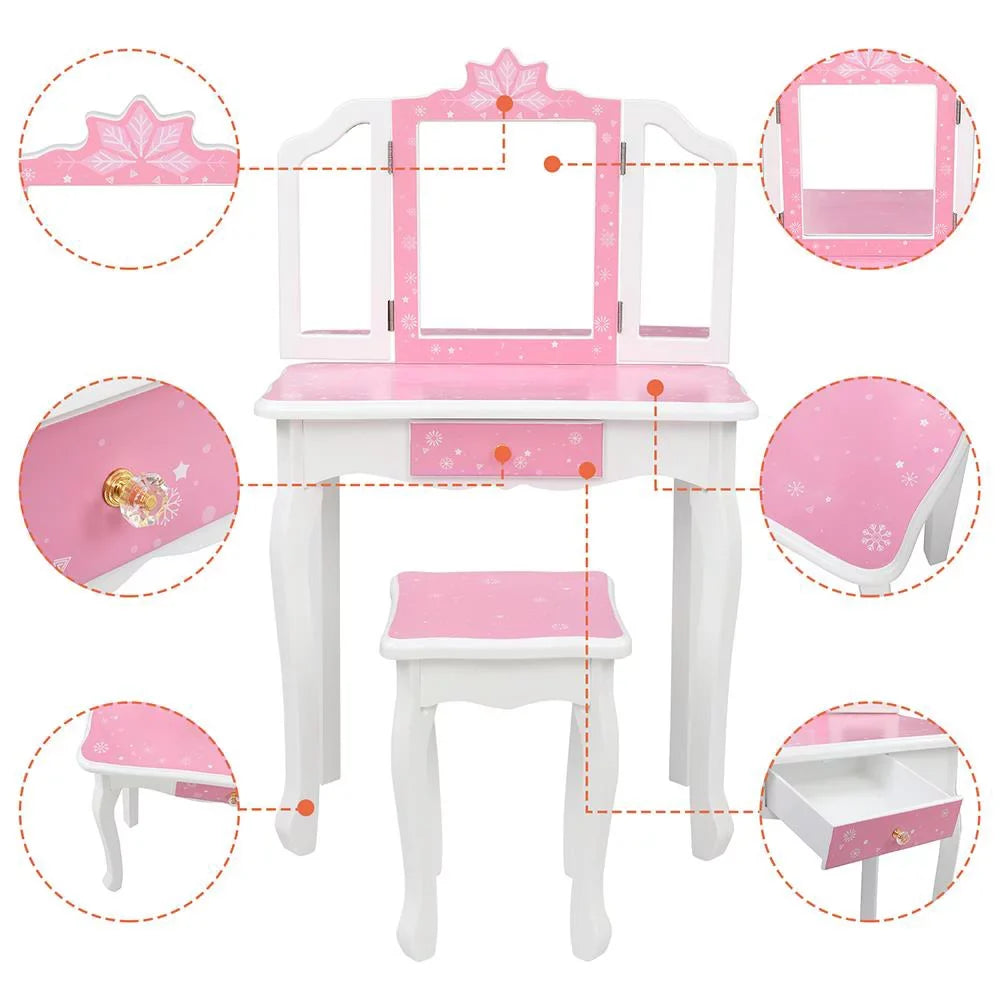 w/ design Wooden Desk Kids Mirror,Stool,Drawer Pink Makeup Vanity Snow SalonMore