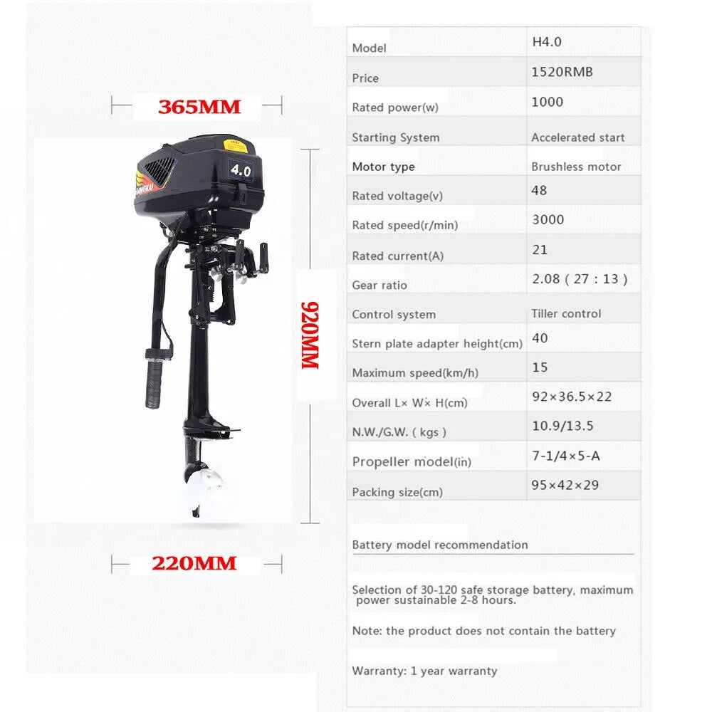Engine 1000W Outboard Electric HP Boat Motor 4 Trolley Brushless Miumaeov Motor
