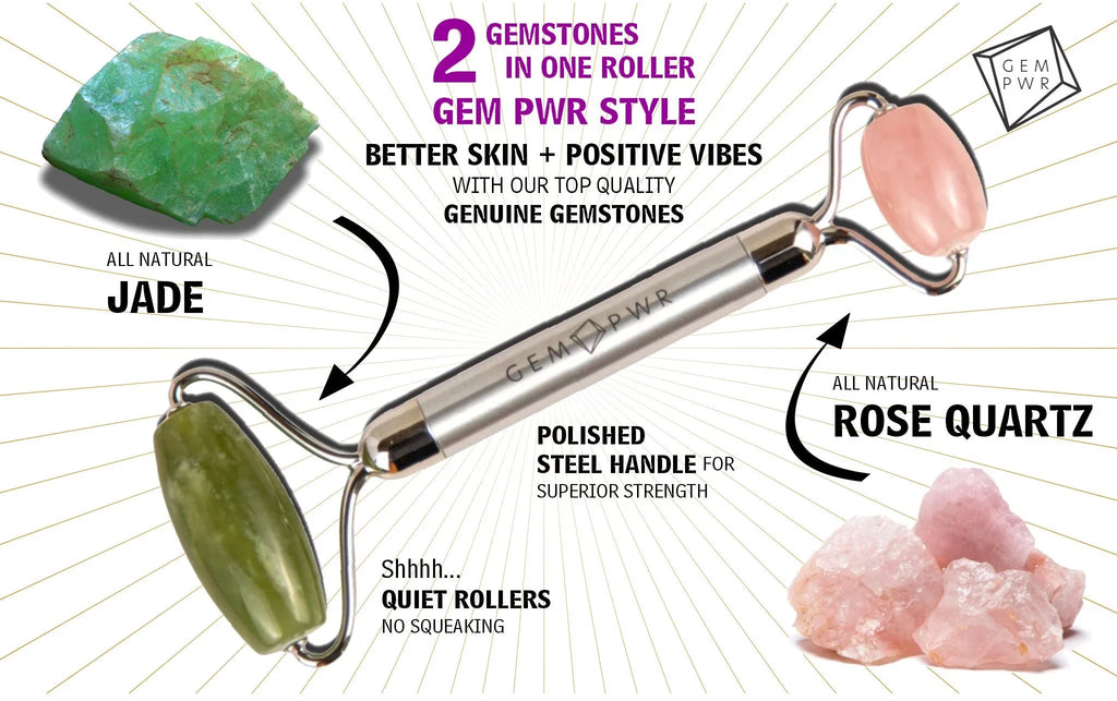 2-in-1 Handle Rose Roller, Dual and with Quartz Durable PWR Head Face Bag Travel Steel GEM Jade +
