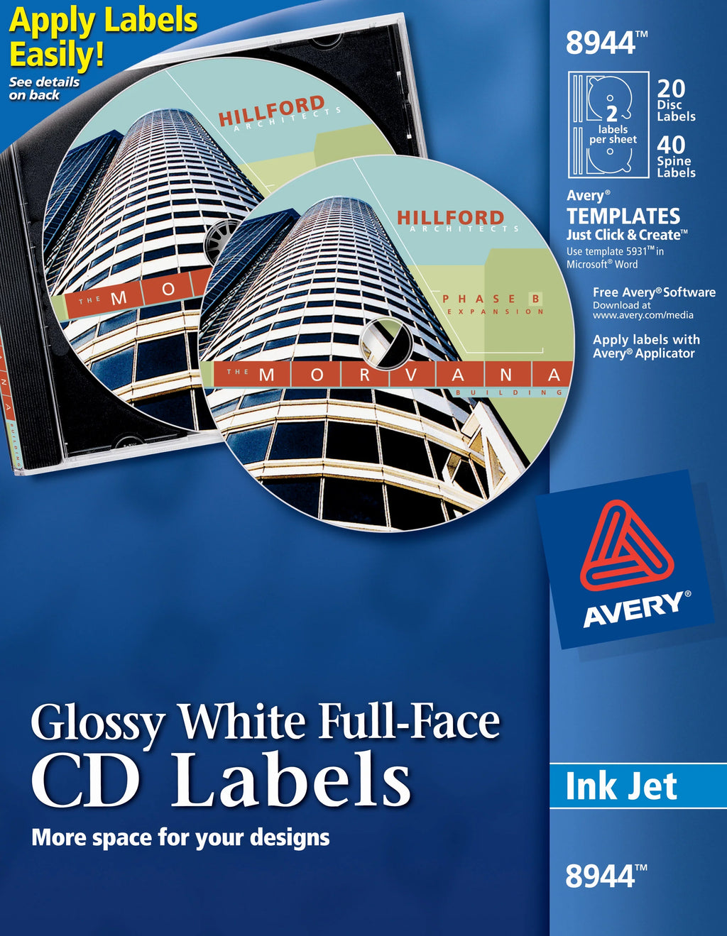 Permanent (8944) Labels and Disc Adhesive, 20 Labels, Spine White, 40 Full-Face Labels CD Avery Glossy