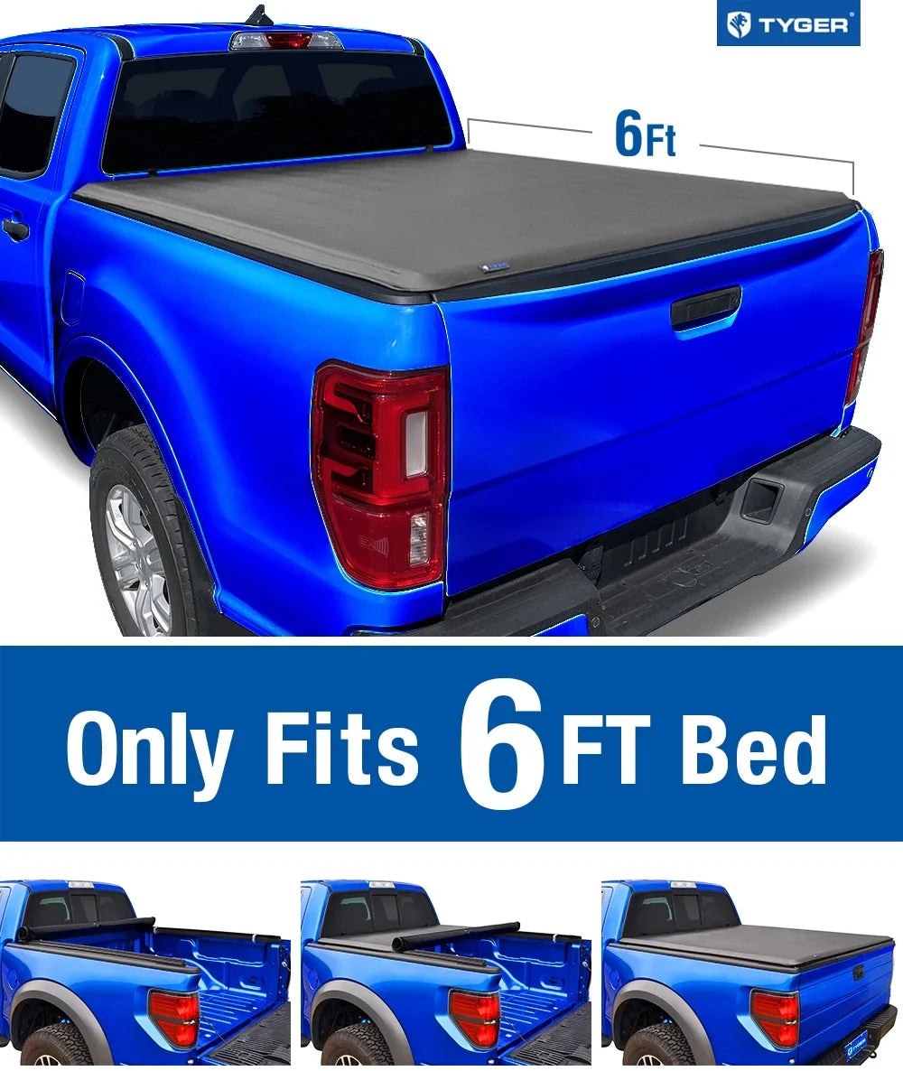 T3 Soft Tri-fold Tyger | TG-BC3F1067 6' Compatible 2019-2023 Ranger Vinyl | Bed Truck | Bed Cover with Tonneau Auto