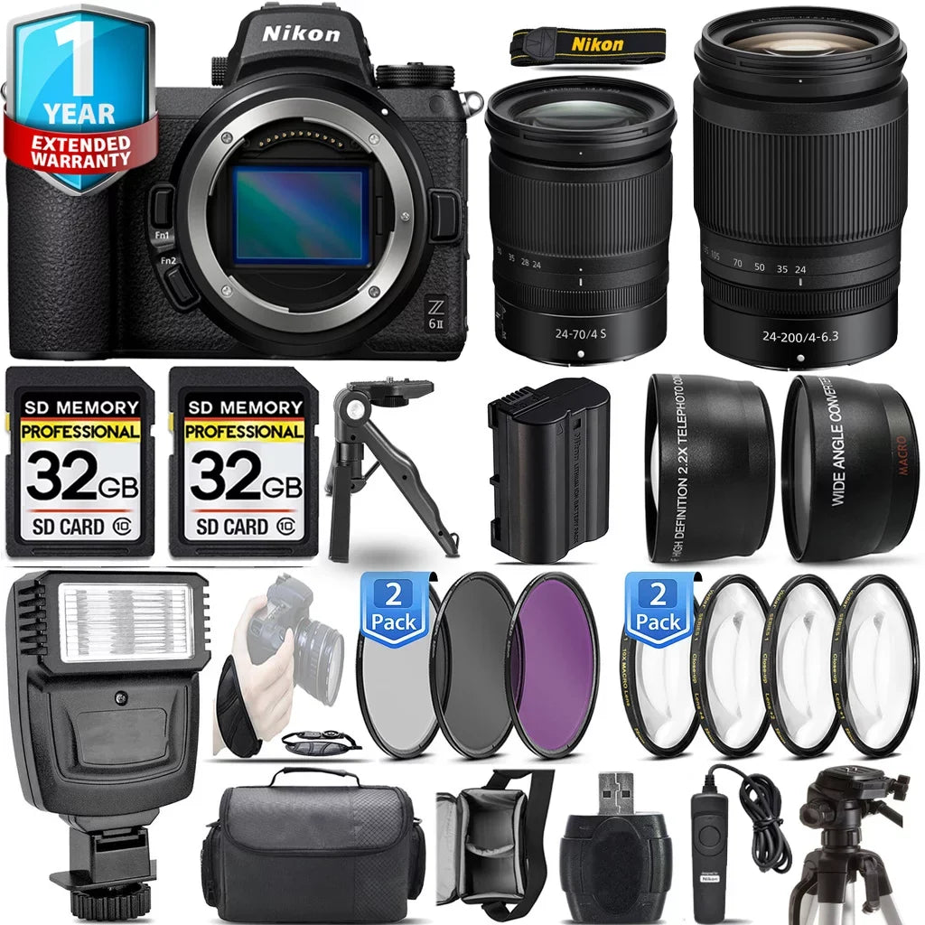 24-70mm Lens with Flash + Mirrorless 24-200mm 64GB Camera VR S + f/4-6.3 Lens + f/4 II Z6 Kit Nikon
