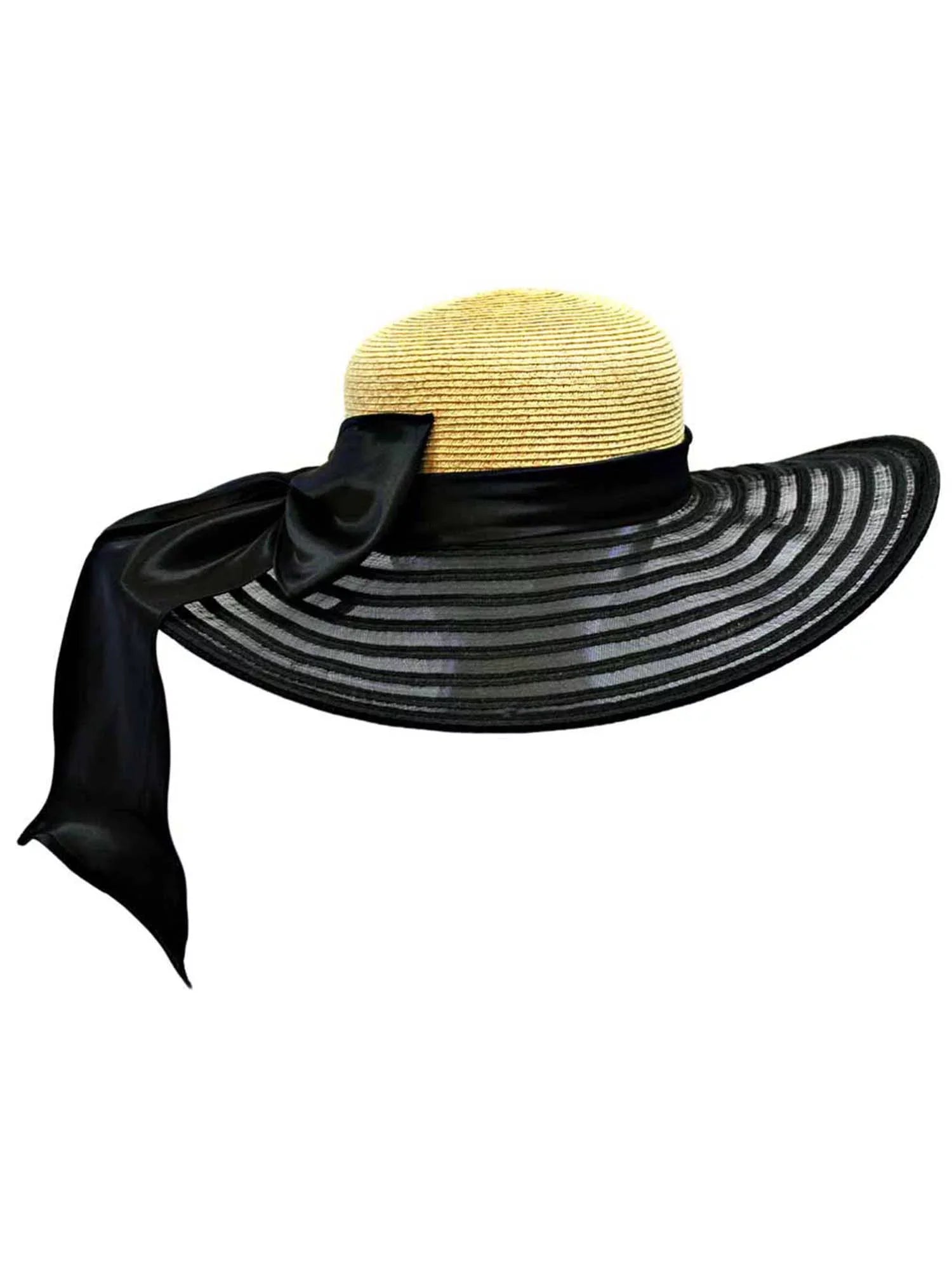 Wheat Black Satin Large Floppy Bow & With Brim Wide Hat