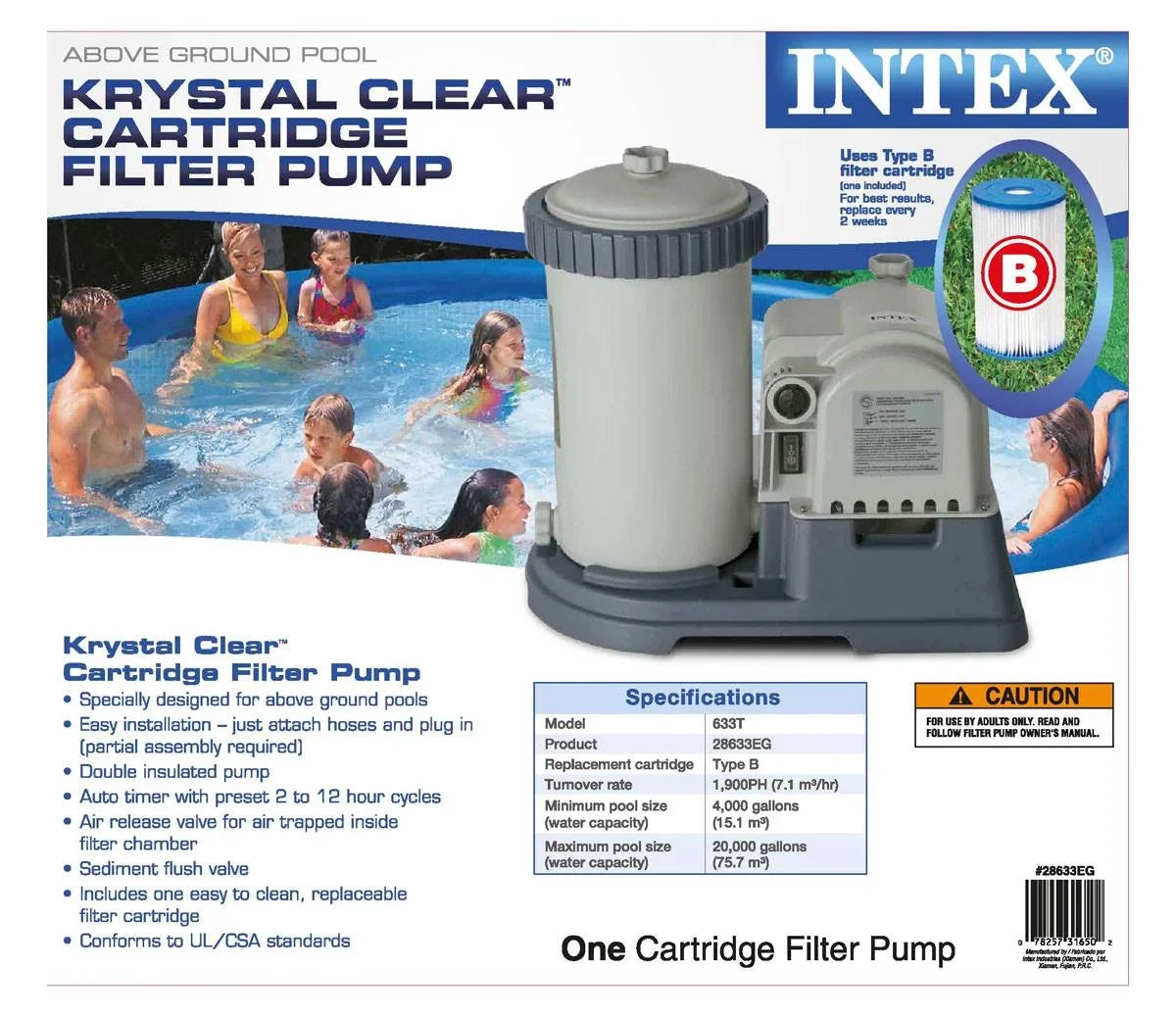 2500 Filter Skimmer Intex Pool Cartridge Clear Wall GPH Krystal Pump and Mounted