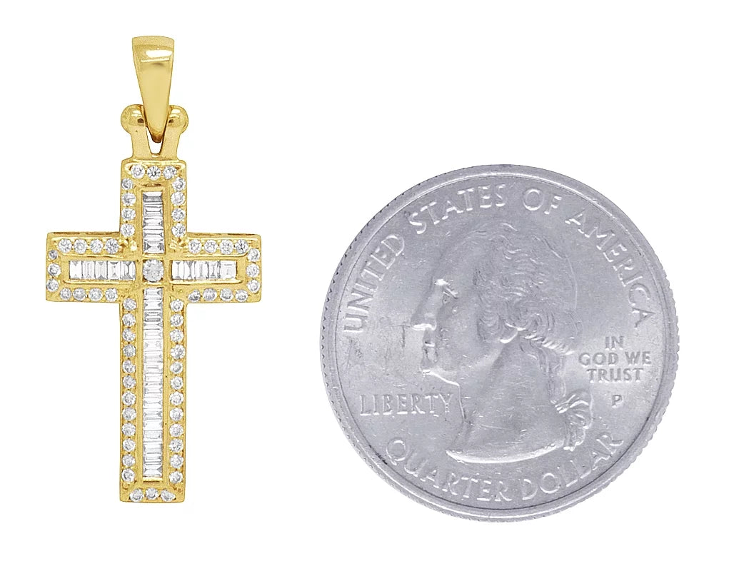 0.4CT Diamond Yellow Baguette 14K 1.25" Gold Cross