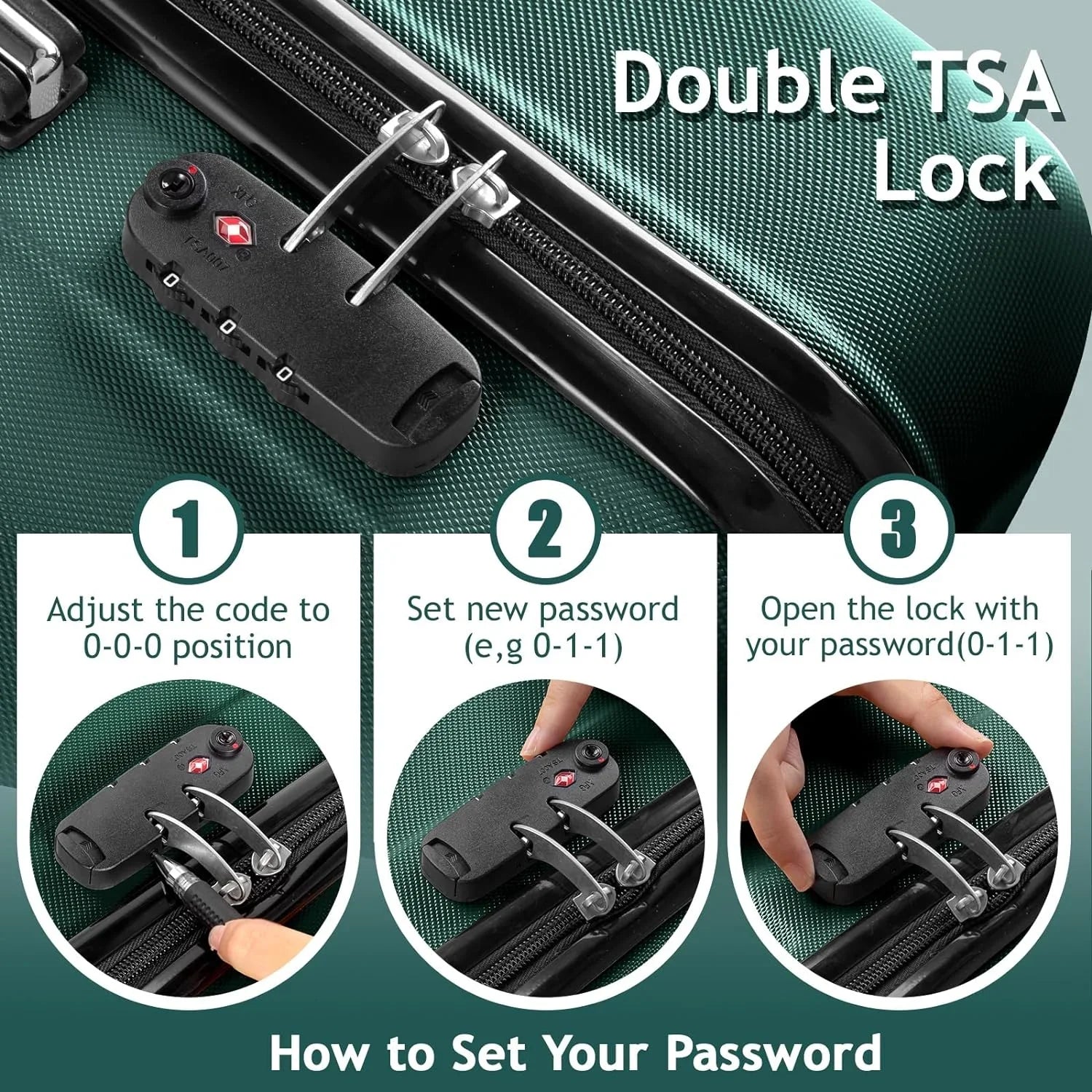 Hardside & Dark TSA lock, Lightweight Wheels ABS of 3 for Set Travel Spinner with (20/24/28) Carry Portable - on Sets Luggage Suitcase Green Business Luggages