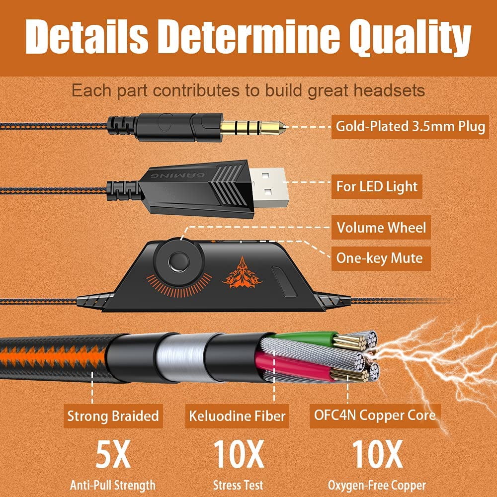 Earmuffs Memory PS4, Headset Bass One Mic, Ear Light, G9000 Over BENGOO for Stereo Soft with Cancelling LED Noise (Orange) Xbox Gaming Headphones PC, Surround, Controller,