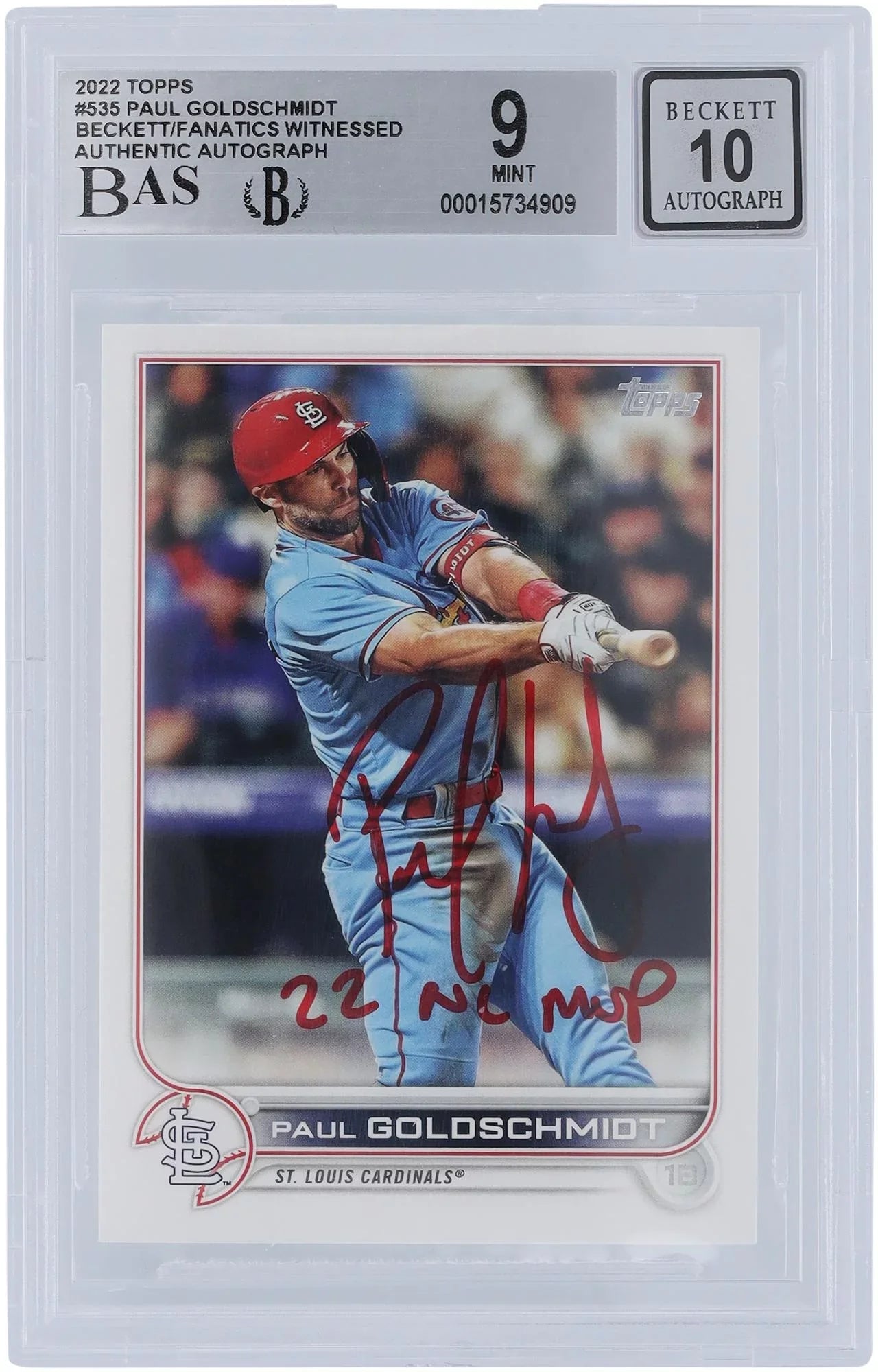 #535 St. Witnessed Topps Certified Authenticated Goldschmidt Paul - Autographed 2 2022 Card Inscription Louis MVP" Series Authentic 9/10 Fanatics Cardinals "22 Beckett Fanatics NL with