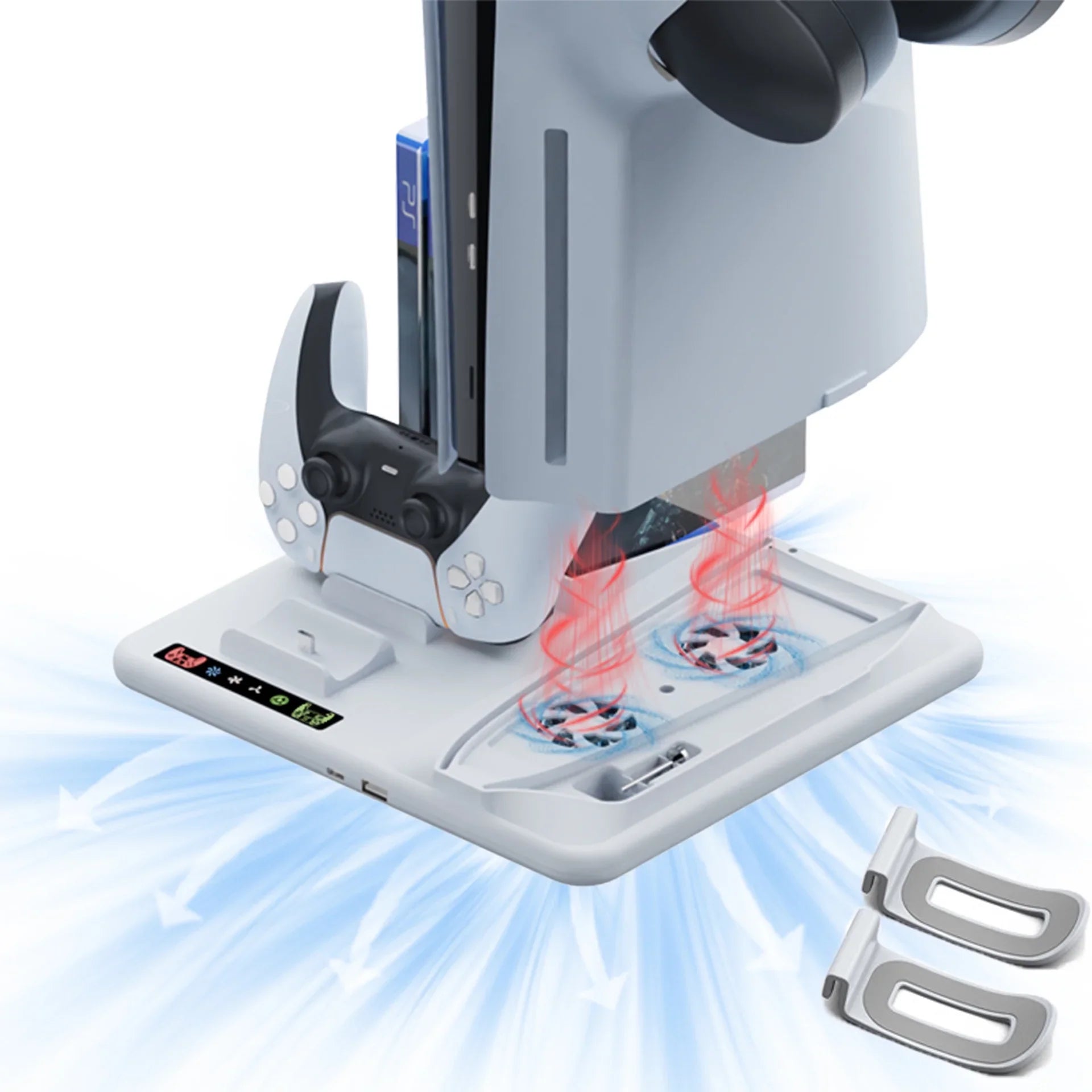 Cooling Stand With Slim Controllers Stand Station, Hanger Dock Dual for PS5 3-Level Slot+2 with Powerful Cooling 6 Headphone Fan Disc Charging