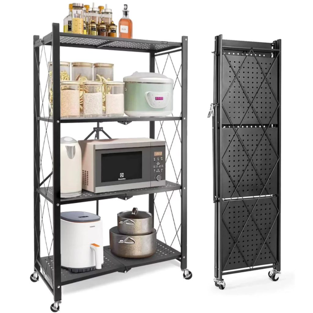 Wheels Storage Kitchen & Display, Storage Cart Rolling Foldable 4-Tier - Closet Shelf Shelves, - for Black Unit Decor Shelving Room Organizer, Books Pantry with Metal Office Collapsible