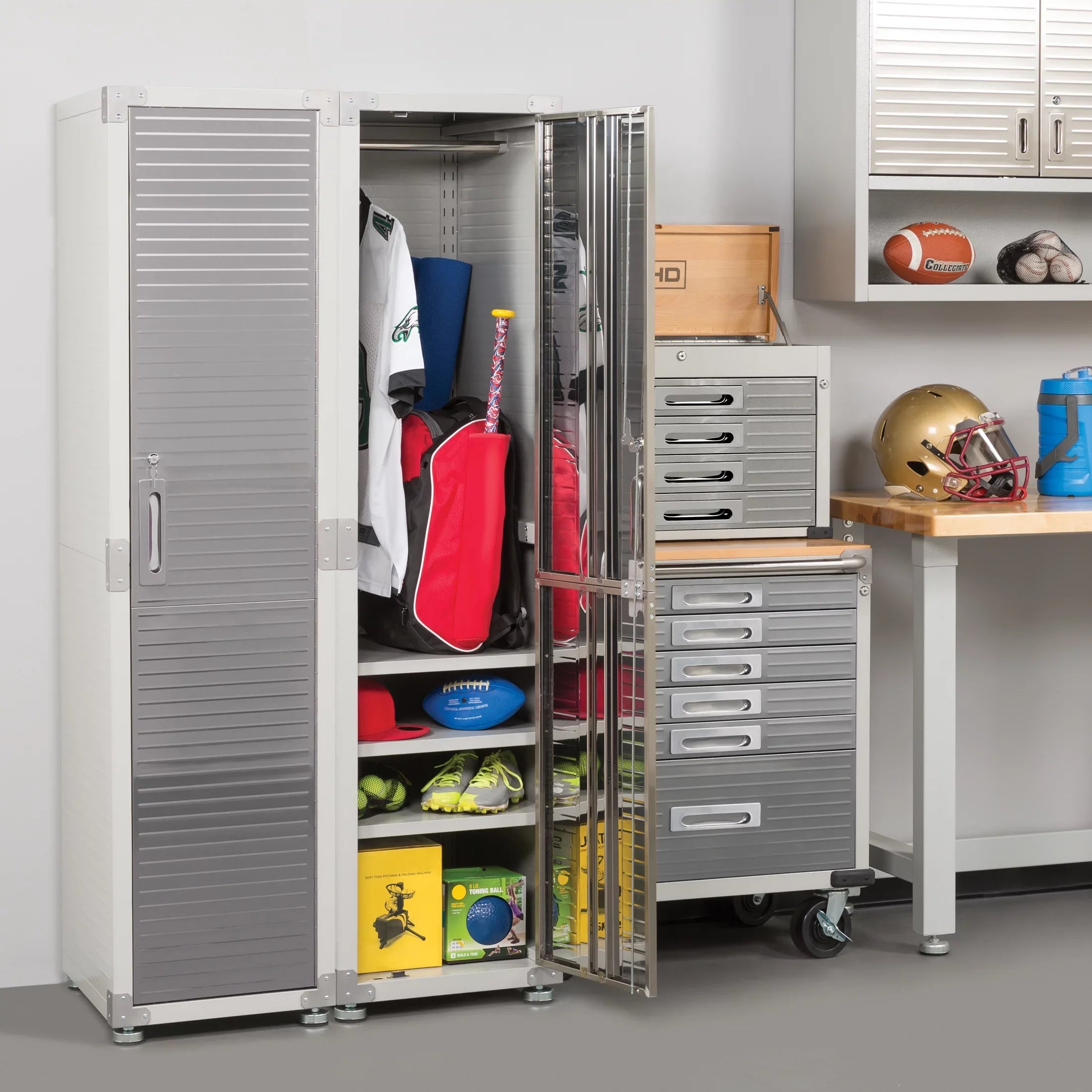 x W Storage Classics 24" D H, Cabinet, x Locker Seville 18" Gray Granite 72" UltraHD