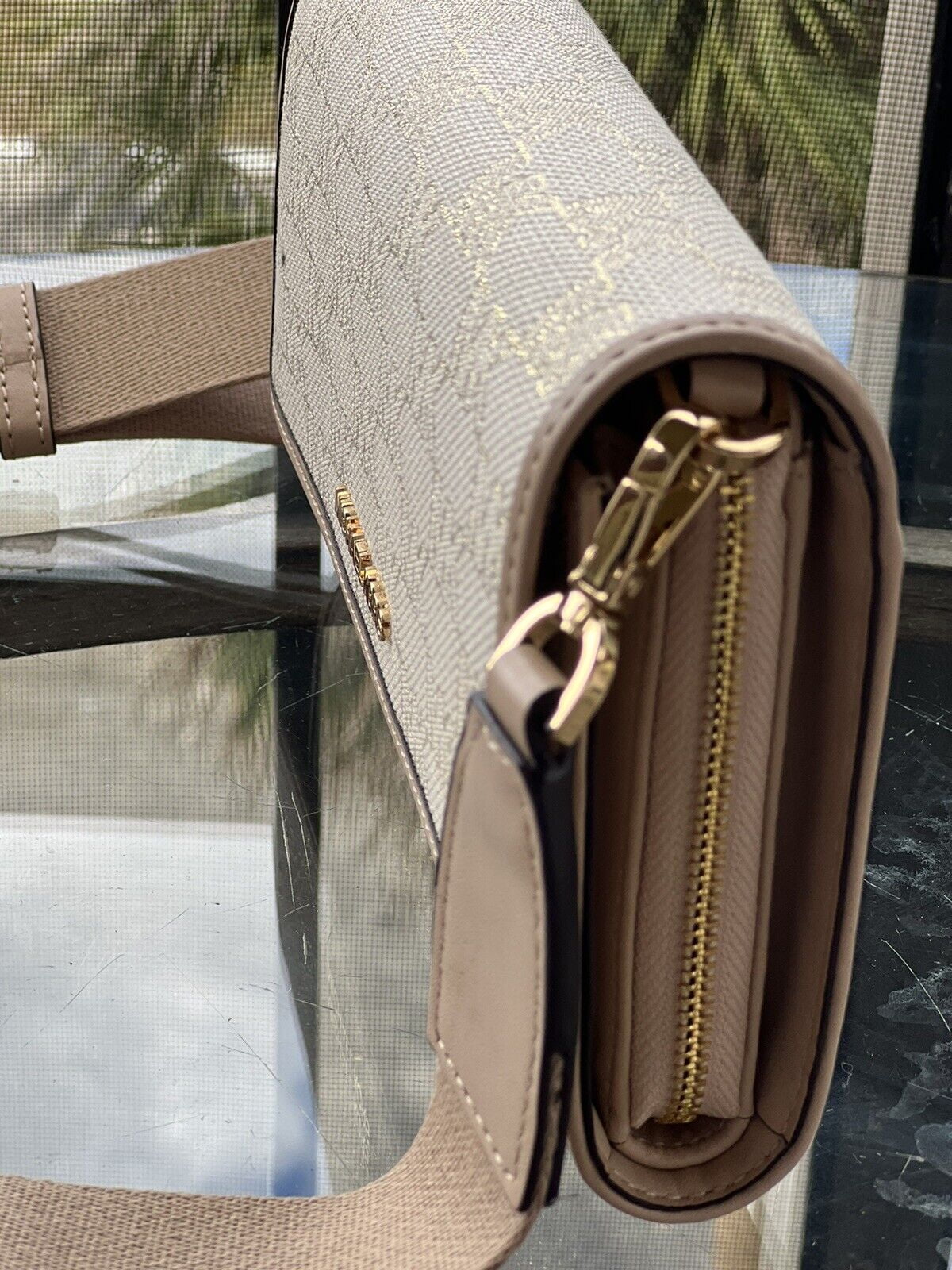 Zip Glitter Kors Set MK Wallet Around LG Crossbody Natural Gold Jet Michael Bag