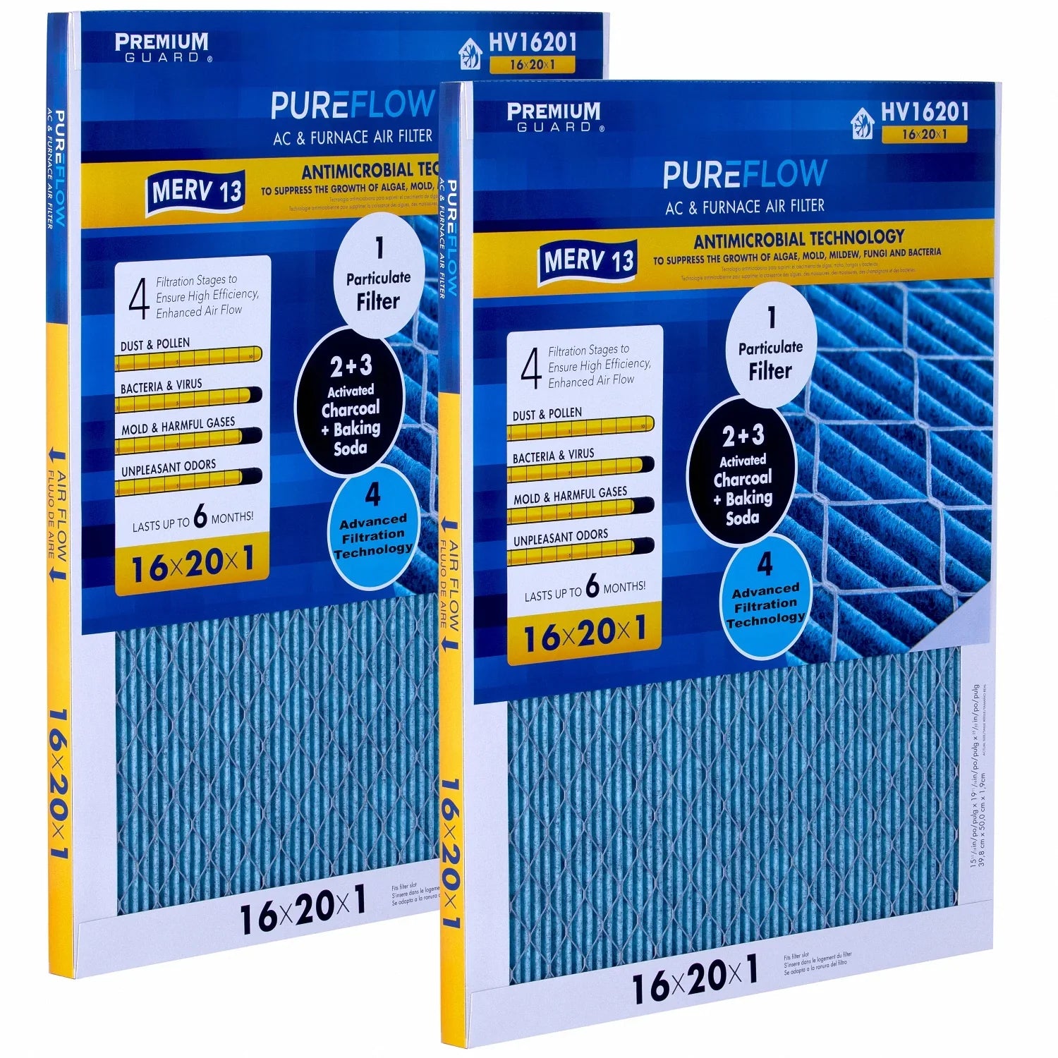 Filtration Technology, of 16x20x1, 4 Filter Air Home Furnace MERV-13 Advanced with Pack-of-2 PureFlow, Layers