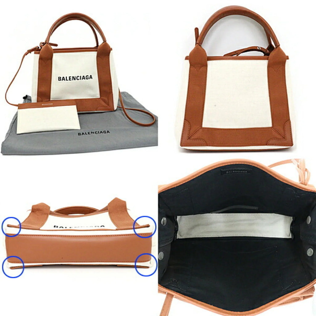 (Good) Beige Balenciaga Tote Calfskin A Navy NAVY Bag 390346 Pre-Owned Light Cabas Brown XS 2way Cotton & Canvas