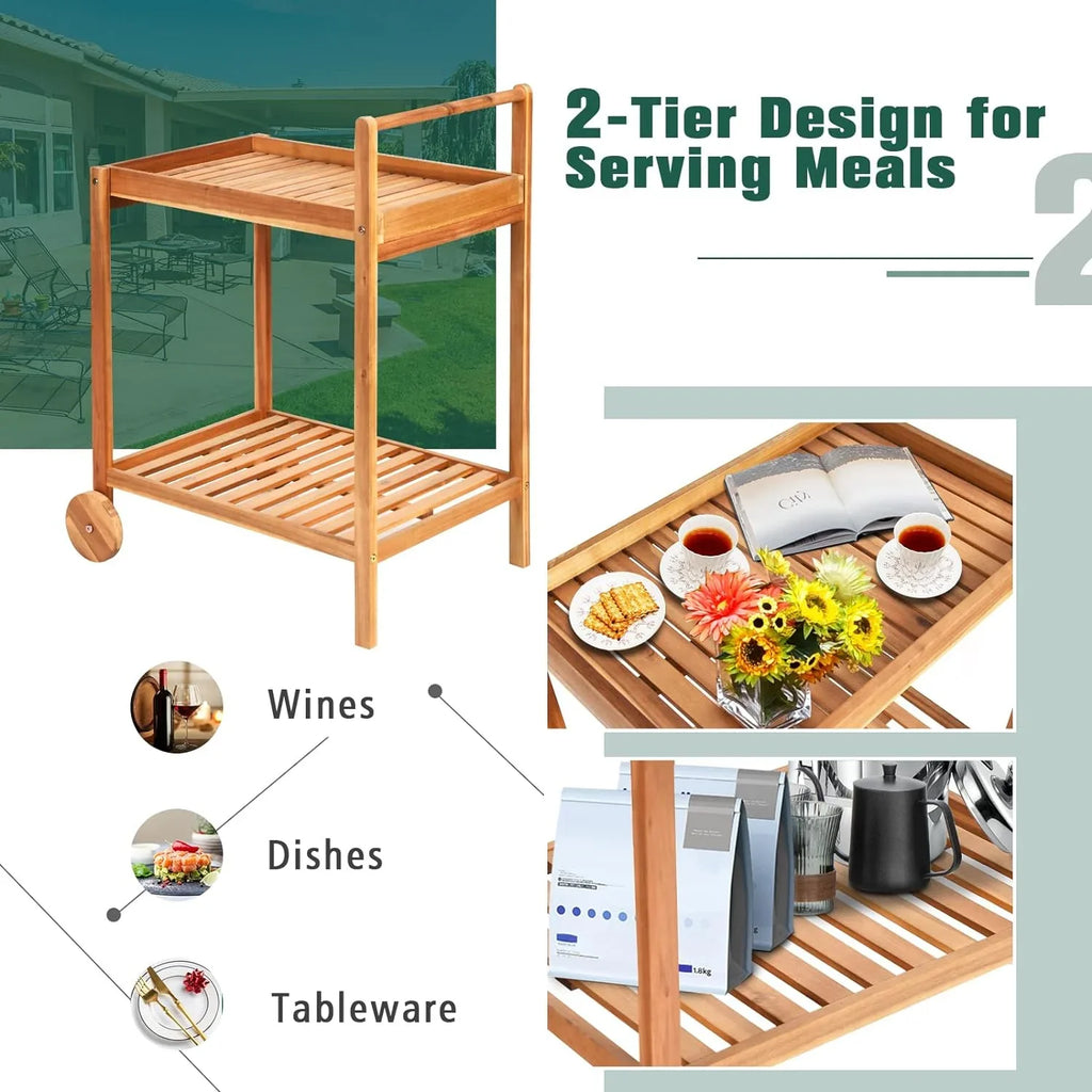 & Cart, Cart Wheels, Side for Buffet Wood Kitchen Table Legs 2-Tier Island Patio Garden Home Poolside on Handle, Kitchen Cart with Serving Rolling exterior Utility Bar Acacia