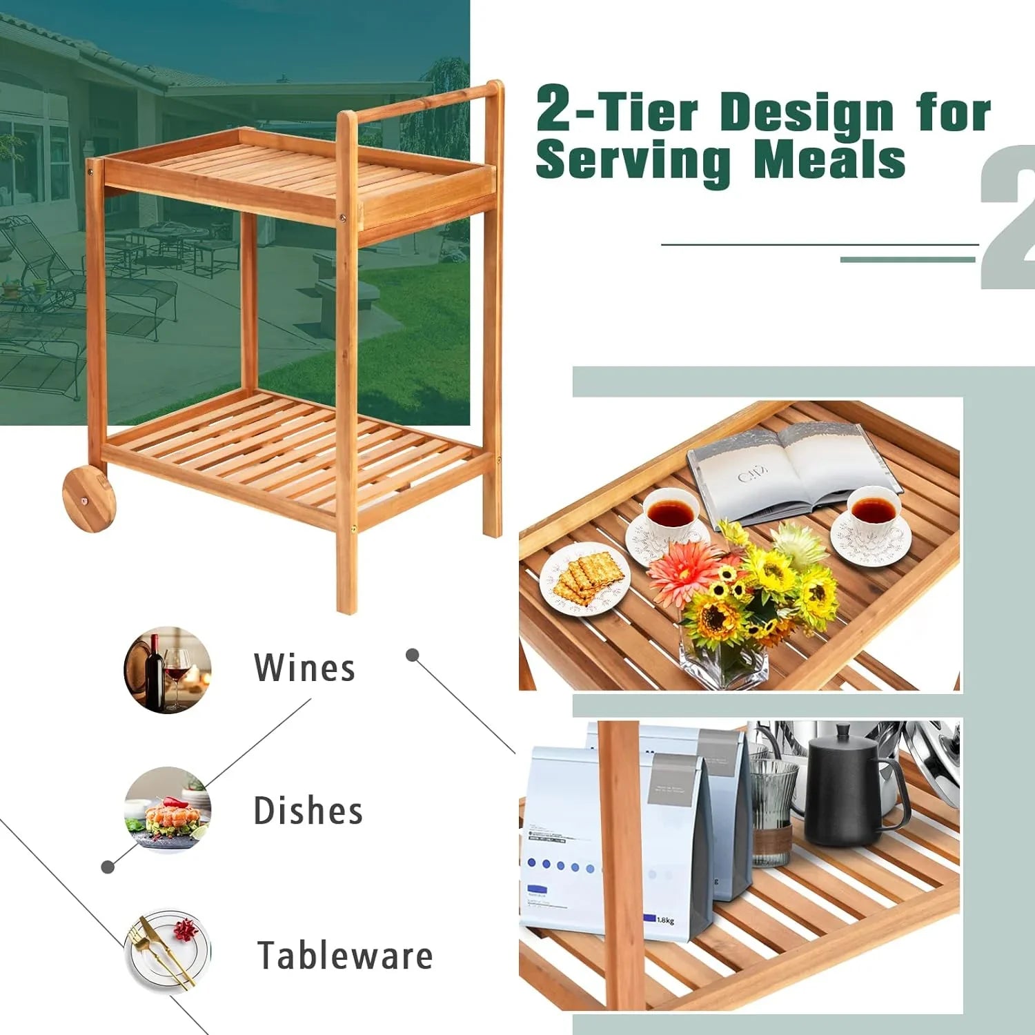 & Cart, Cart Wheels, Side for Buffet Wood Kitchen Table Legs 2-Tier Island Patio Garden Home Poolside on Handle, Kitchen Cart with Serving Rolling exterior Utility Bar Acacia