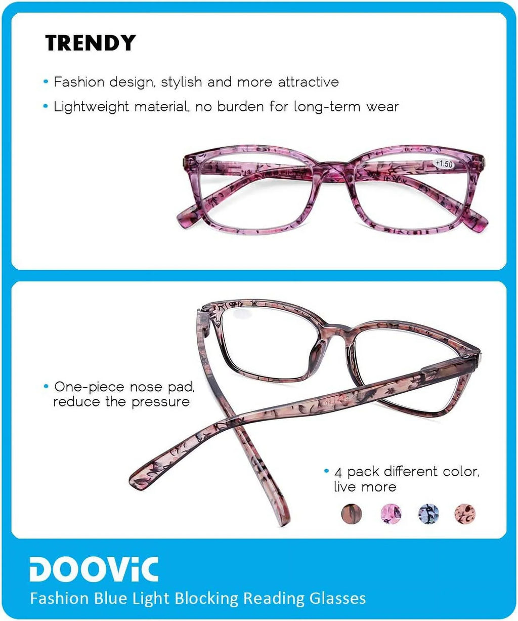 Computer Light Reading for Hinge DOOViC Pack Readers Eyestrain Blue Stylish 4 1.25 Blocking Glasses Spring Anti Women Strength