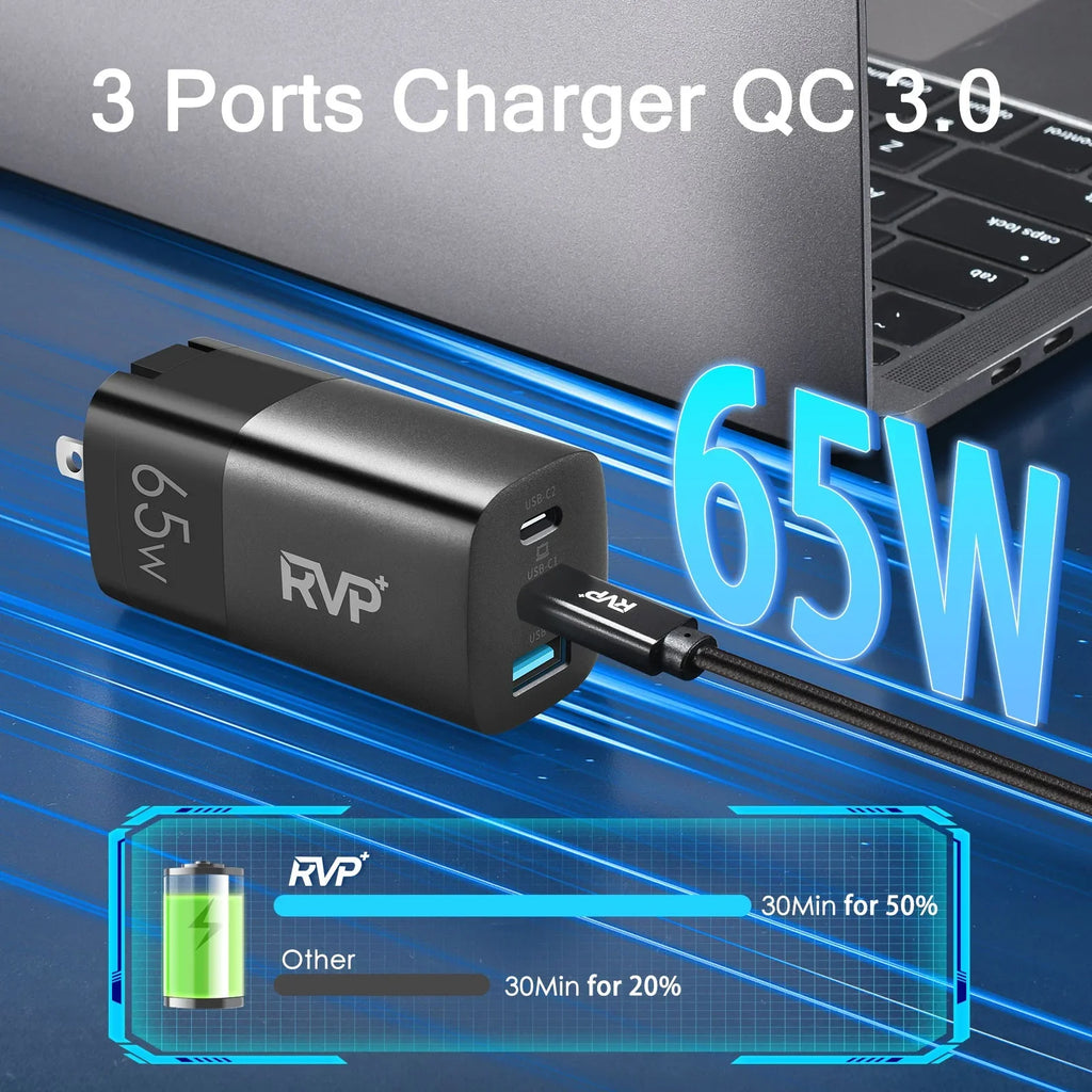 Fast Foldable Laptops iPhone, Power A USB C 65W - 3-Port Wall Smartphones, RVP+ Charger, (GaN) and Charger, Charger Black Adapter, for USB Tech Tablets,