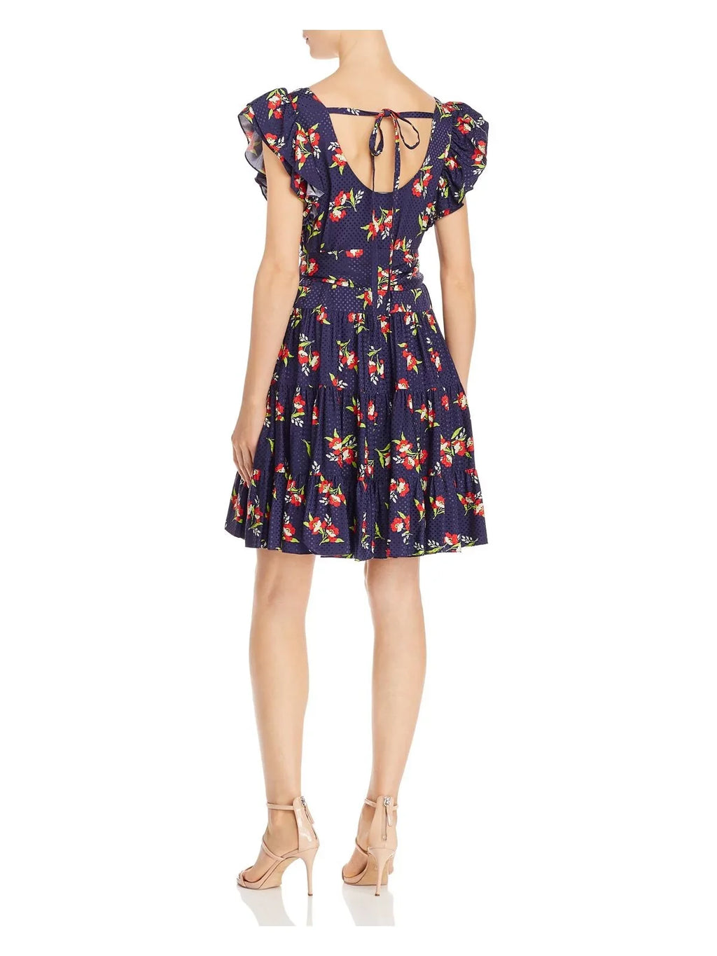 STUART Sleeve Womens Short Navy Cut outfit + L Scoop Fit Back JILL Out Floral Cap Neck Flare