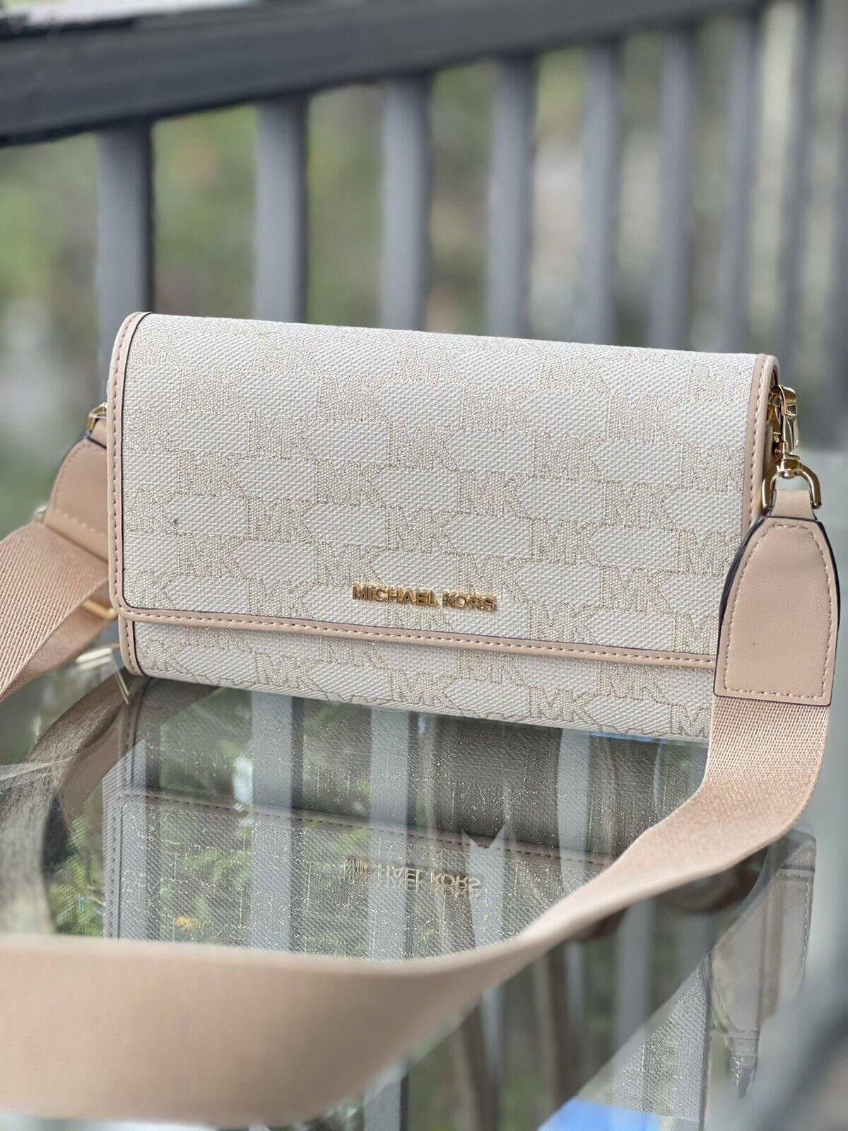 Zip Glitter Kors Set MK Wallet Around LG Crossbody Natural Gold Jet Michael Bag