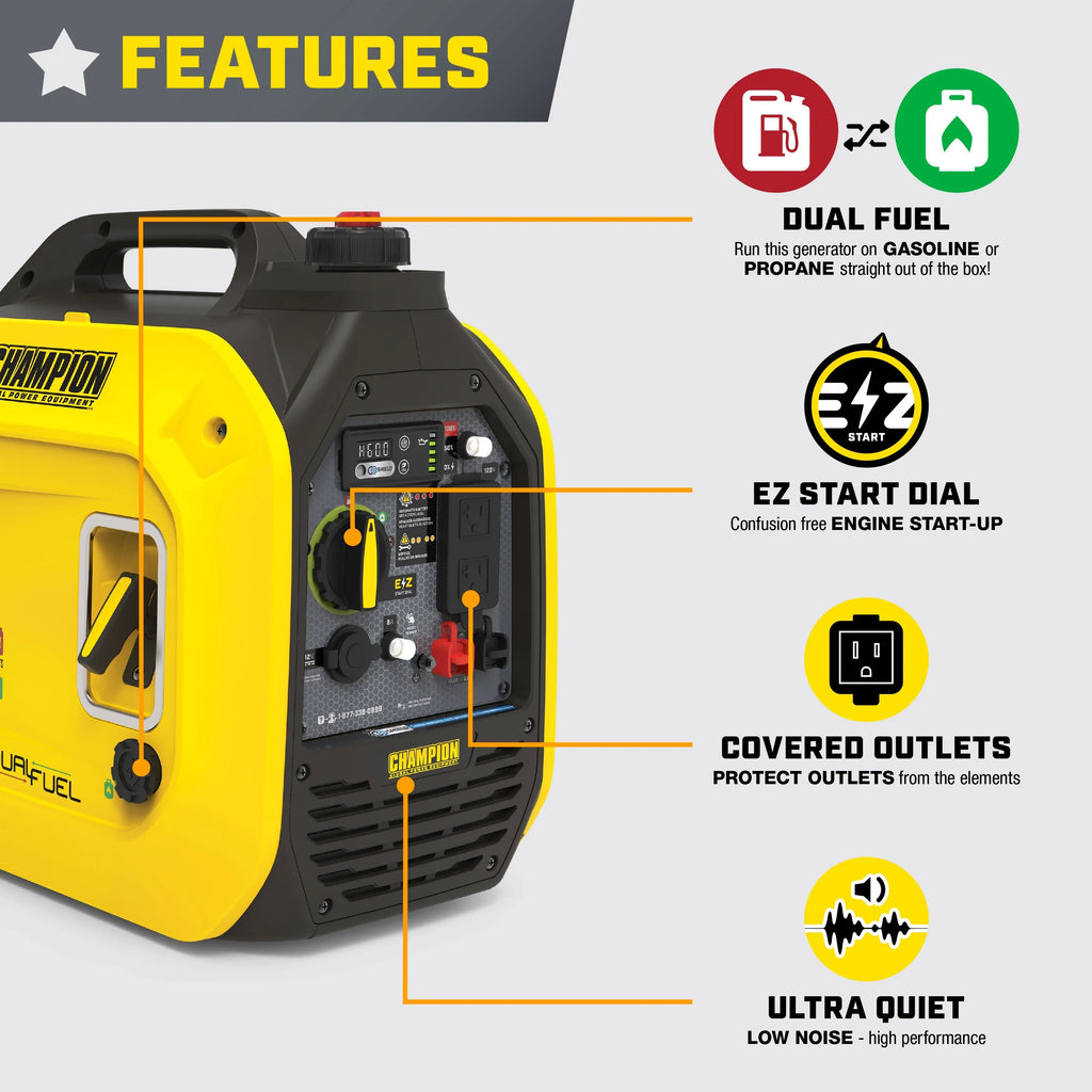 Inverter Shield Dual Portable Quiet Champion 2500-Watt CO Power Generator with Technology Equipment and Fuel