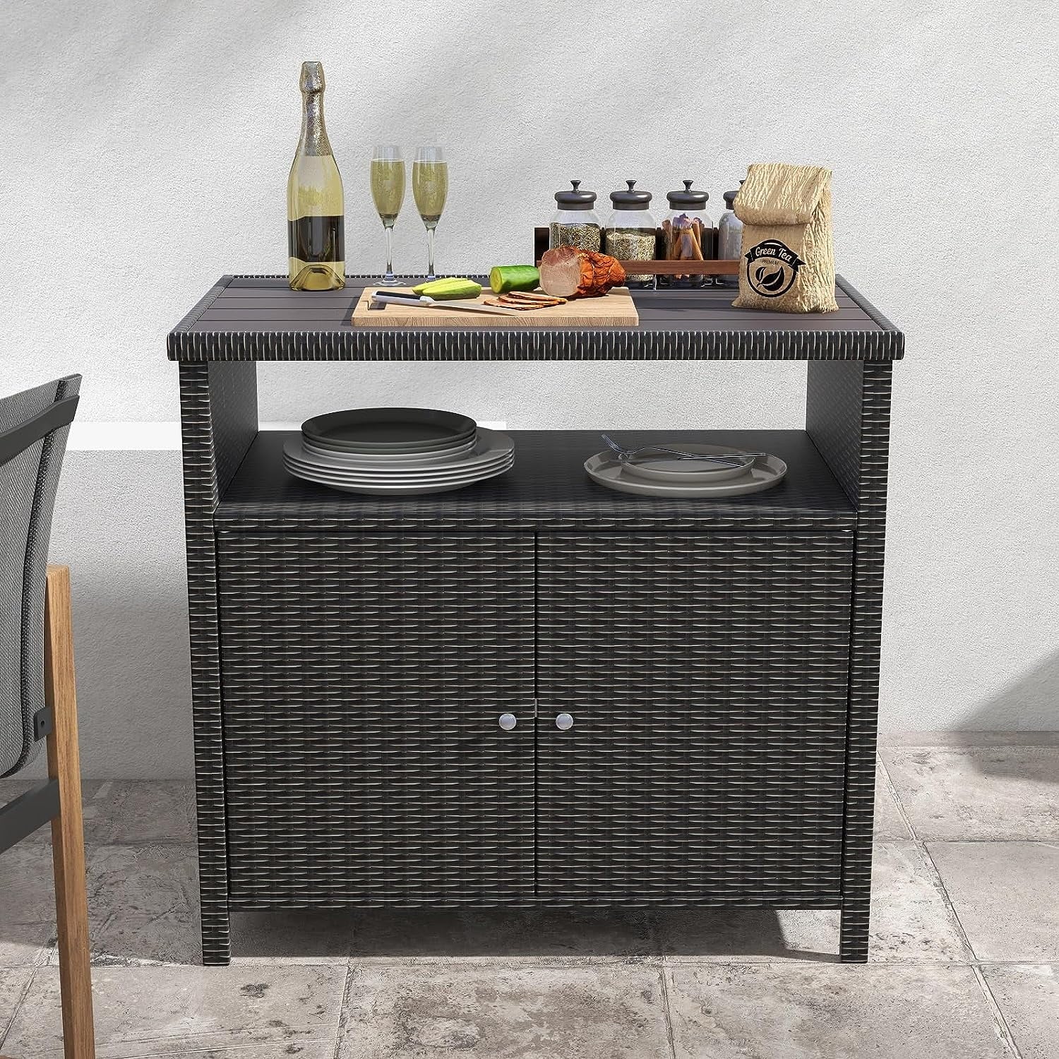 Cabinet exterior 2-Door AUCHI Wicker, Coated Powder Resin All Dark climate Steel, with Storage Indoor Wicker Shelf, Brown
