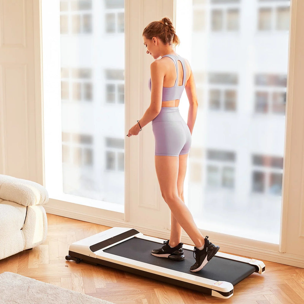 Slim with Under Remote Control Machine Desk Fitness-White Treadmill &Installation-Free, UMAY Flat Treadmill Portable 1.5 HP Walking Electric