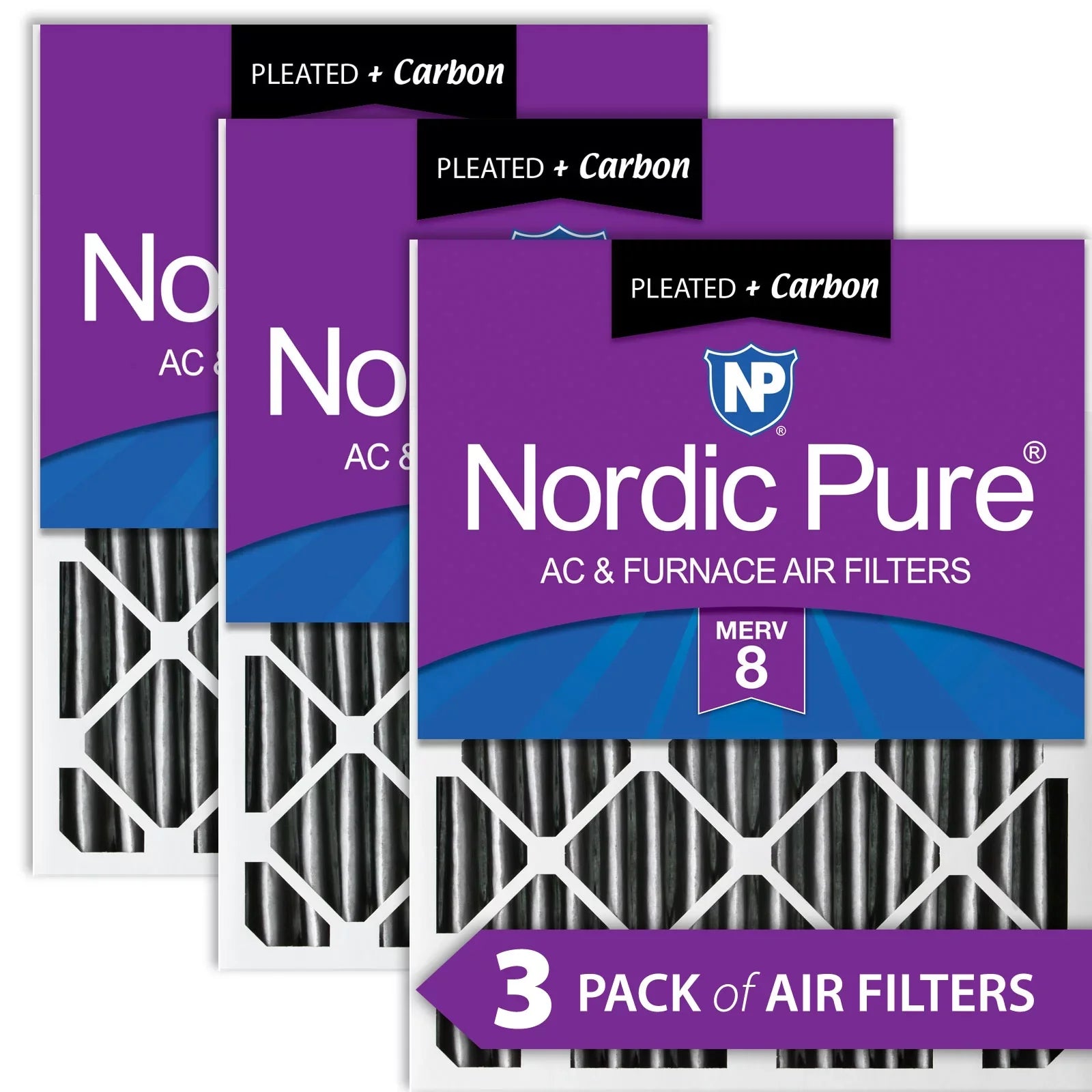 Filters Pure 16x25x2 Carbon Plus Air Nordic Pleated 3 Pack 8 Furnace MERV