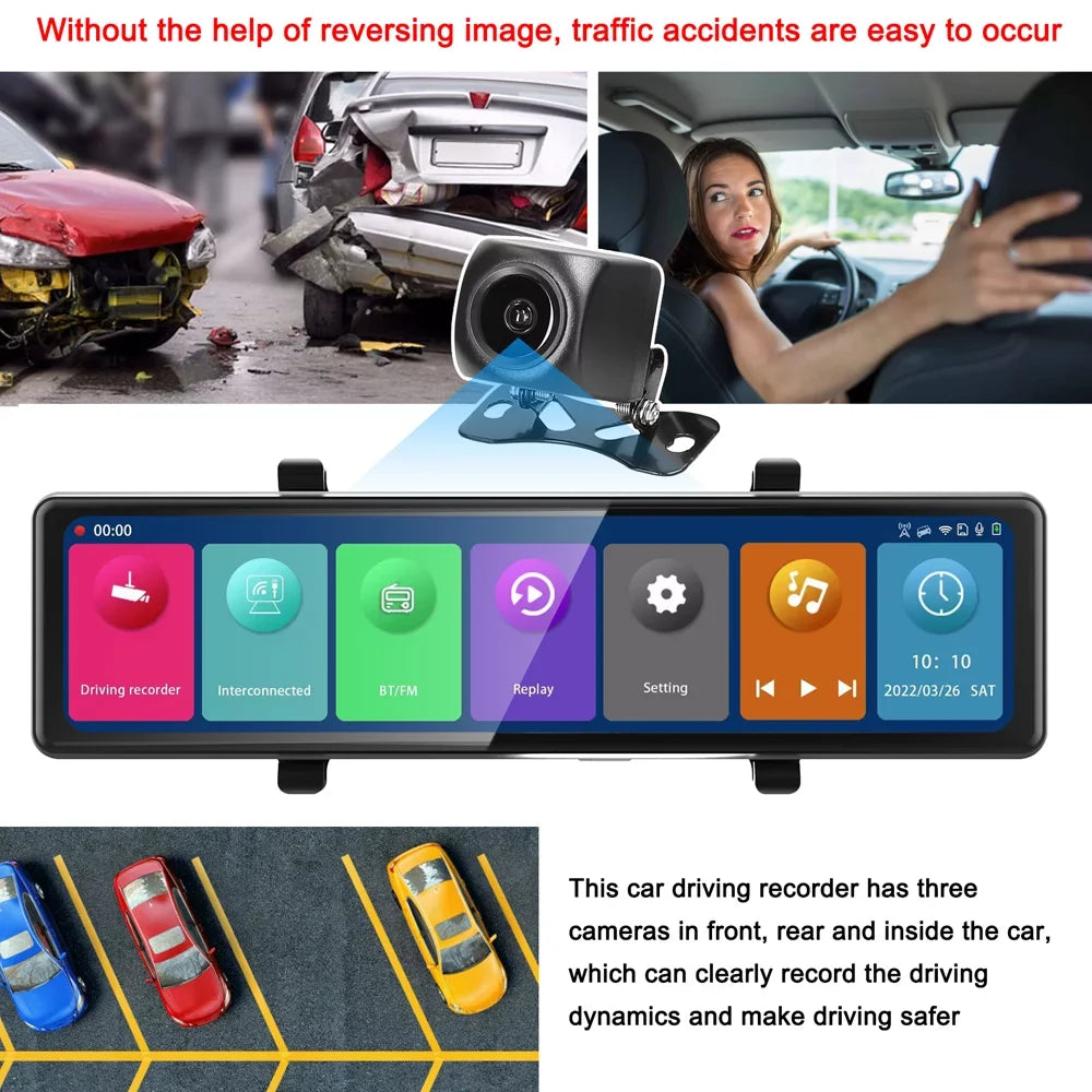 12in Touched Recorder Recording Driving Car Clear Video 2.5K Mirror Rearview Recorder 3 Cam Auto Dash Cameras Car OWSOO Screen Car Carplay