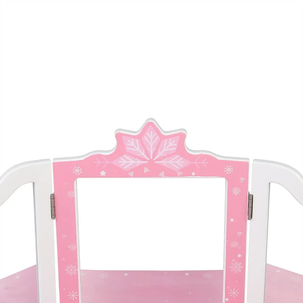 w/ design Wooden Desk Kids Mirror,Stool,Drawer Pink Makeup Vanity Snow SalonMore