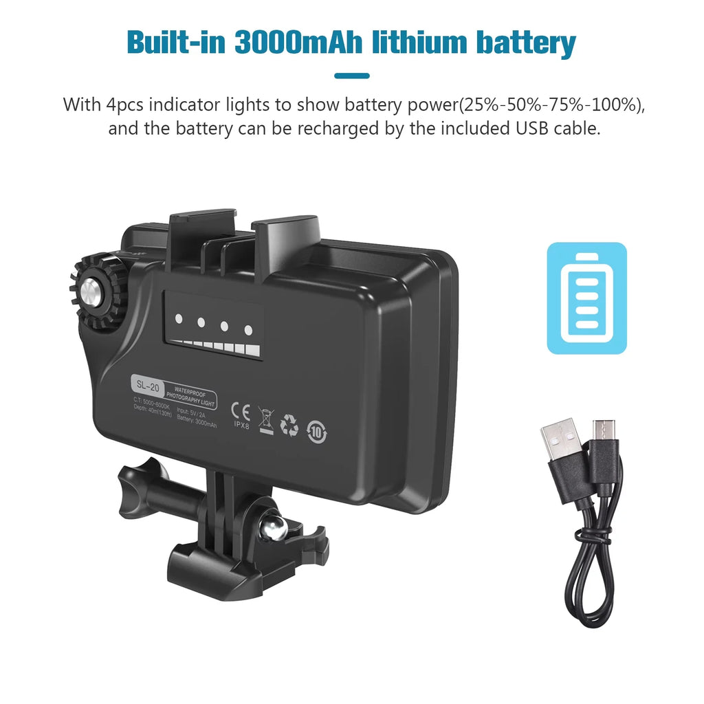 IPX8 for RGB Video Battery Underwater Light Fill SL-20 8 Replaceme Modes Rechargeable Underwater 40M Snorkeling Dimmable Light LED Video Andoer Built-in CRI95+ Waterproof Photography Diving