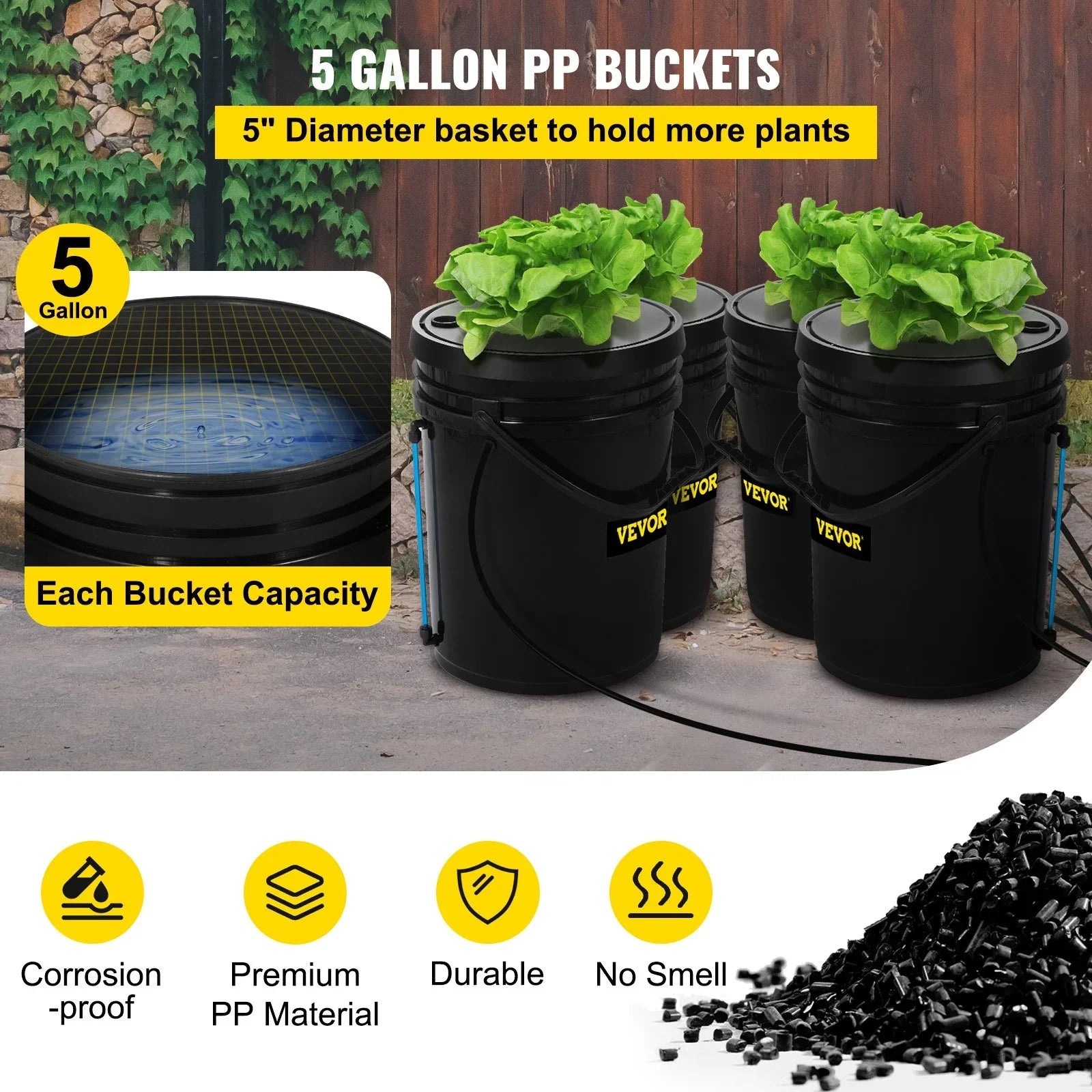 Leafy Vegetables with VEVOR Indicator DWC Kit, for Air Grow System Stone liquid 5-Gallon, Hydroponic 4-Bucket & Level Pump, Indoor/exterior