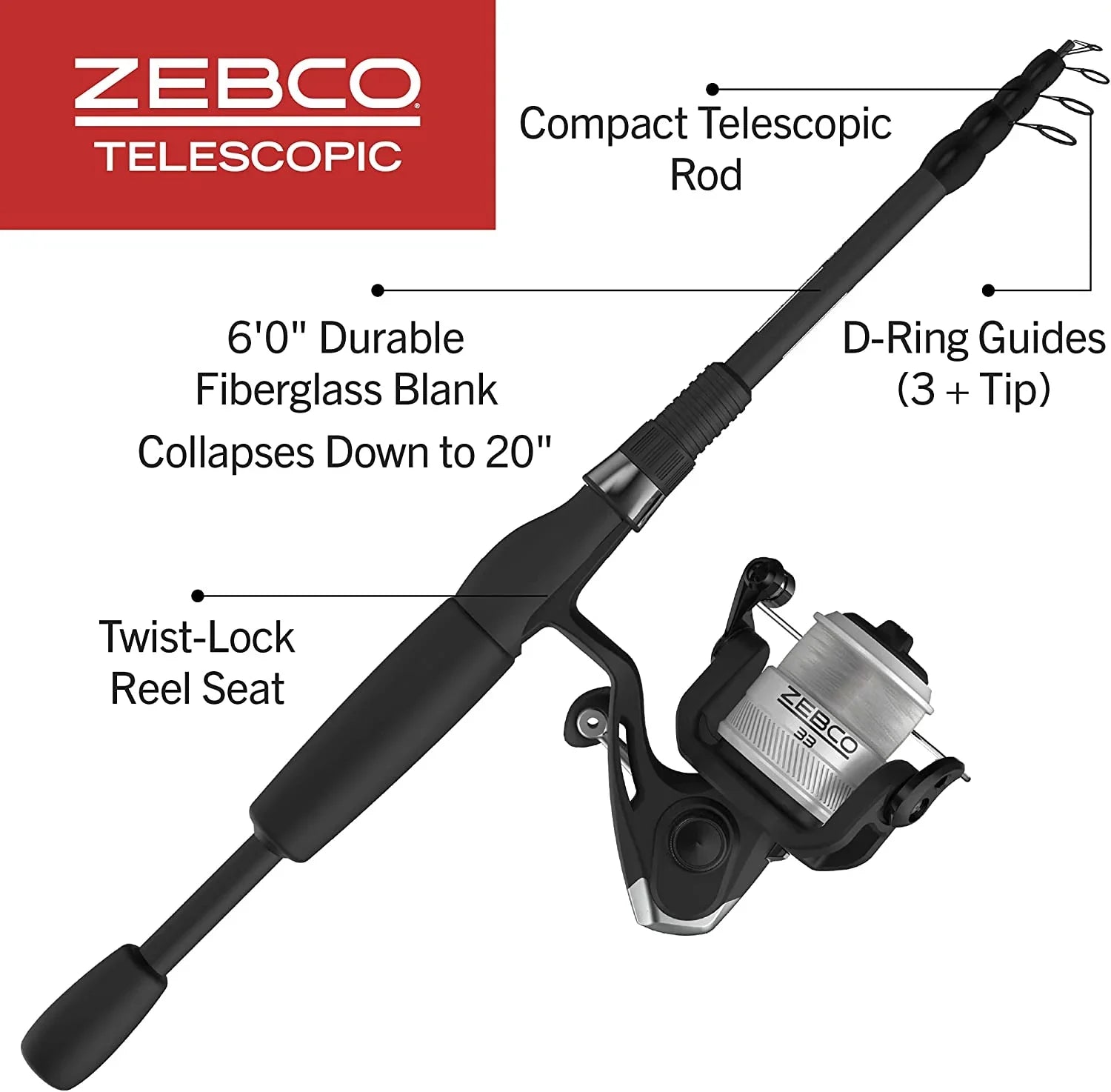 Rod, and Reel, Combo, Fishing Rod 33 Zebco Reel 6-Foot Telescopic 30 Silver/Black dimension Spinning
