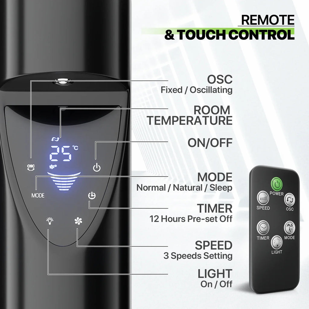 LED w/Remote USA Tower Low & Bladeless Noise Fan Fan 47"Oscillating 3-Speeds