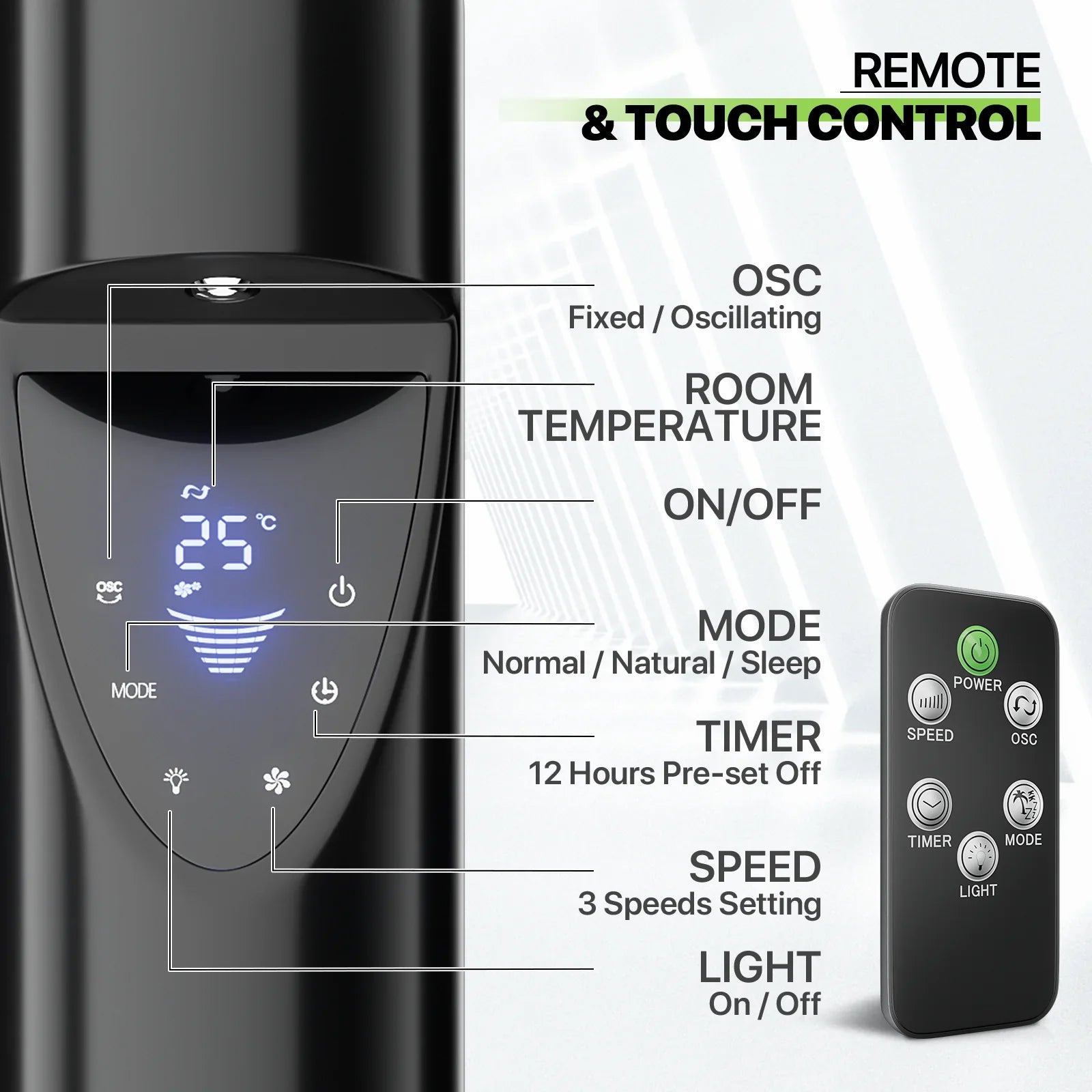 LED w/Remote USA Tower Low & Bladeless Noise Fan Fan 47"Oscillating 3-Speeds