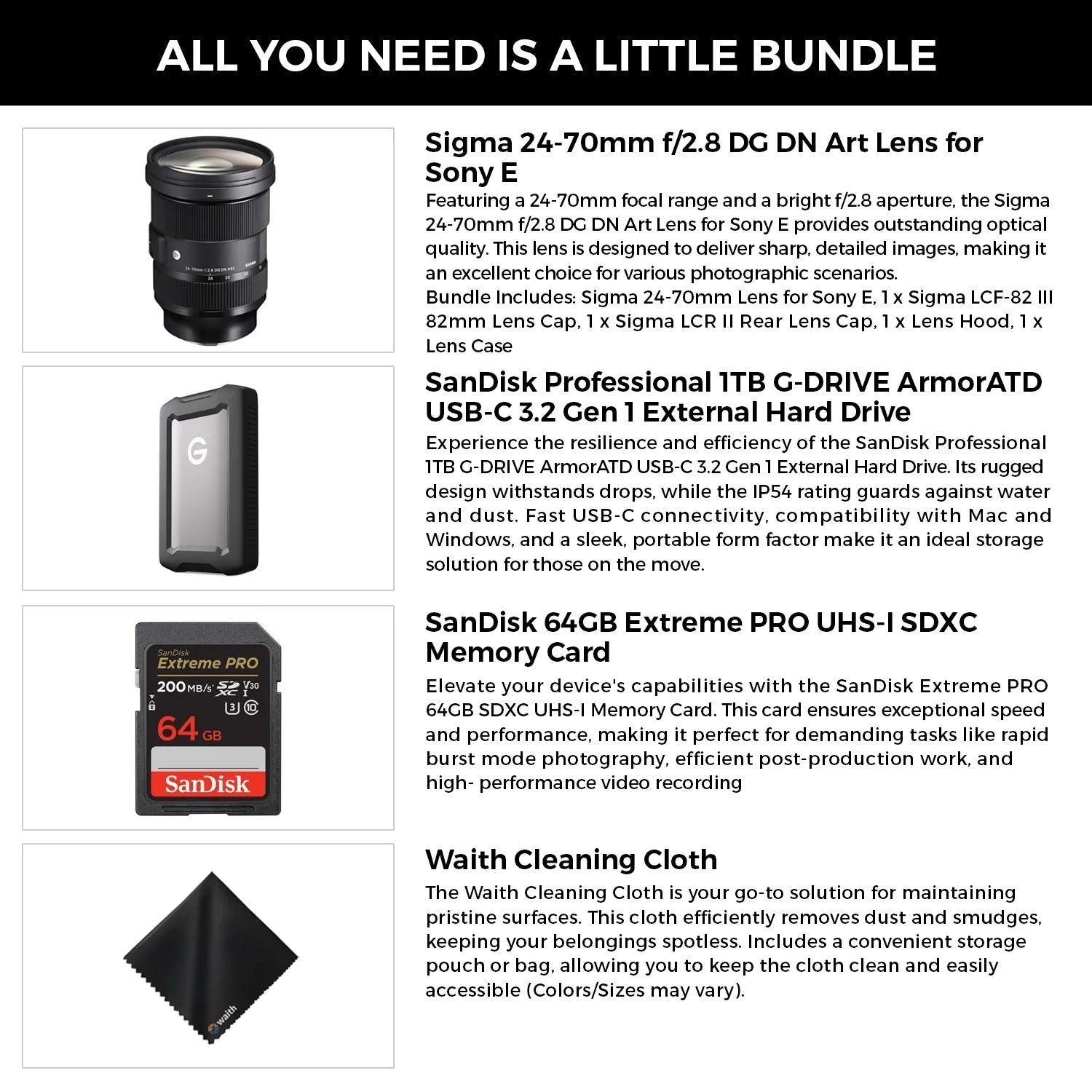E Hard 1, Memory Professional Gen with Cloth Card Cleaning SDXC 24-70mm 1TB DN Microfiber External Lens Sigma UHS-I Drive Art DG Extreme Waith Set) 64GB 3.2 PRO (Bundle F2.8 and for USB-C