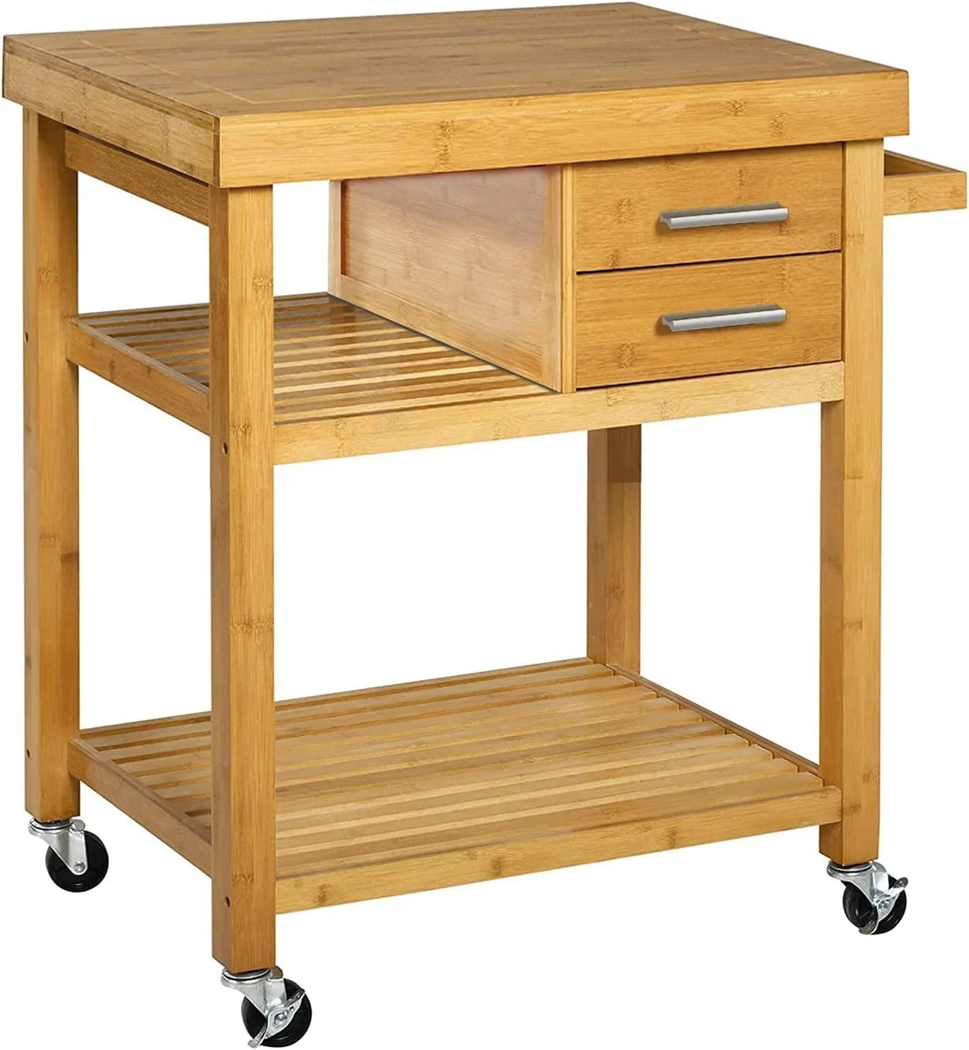 Butcher Prepping Casters, Shelves, With Island Bamboo Locking Rack, Kitchen On Cart Wood Towel Cart Wheels, Block Rolling Drawers Trolley Food