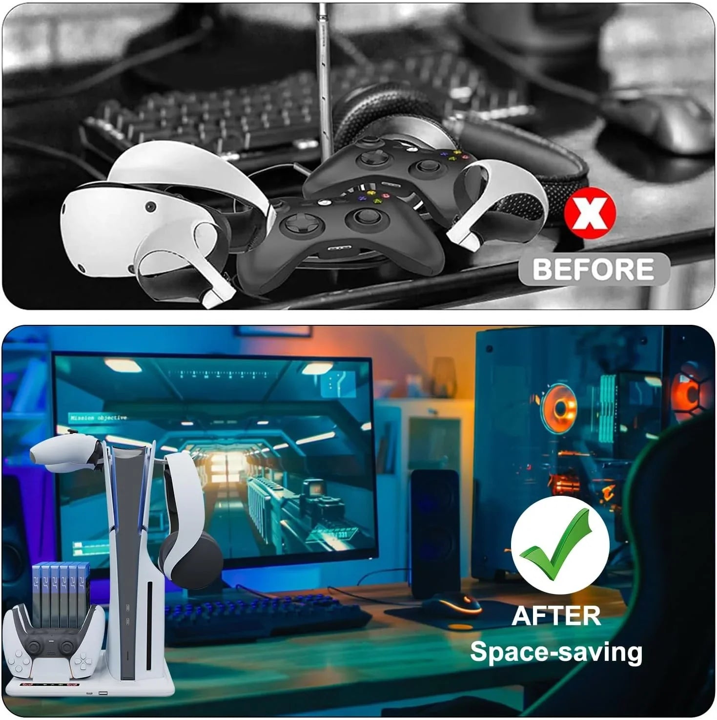 Cooling Stand With Slim Controllers Stand Station, Hanger Dock Dual for PS5 3-Level Slot+2 with Powerful Cooling 6 Headphone Fan Disc Charging