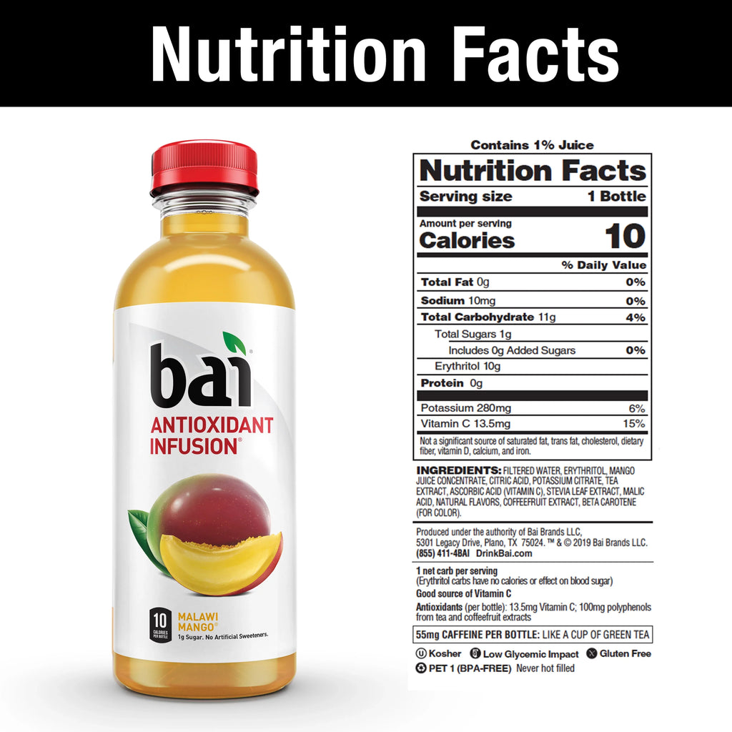 Pack Antioxidant Bai Oz, Bottles Drink, Infused Fl Gluten-Free, 12 Malawi Mango, 18