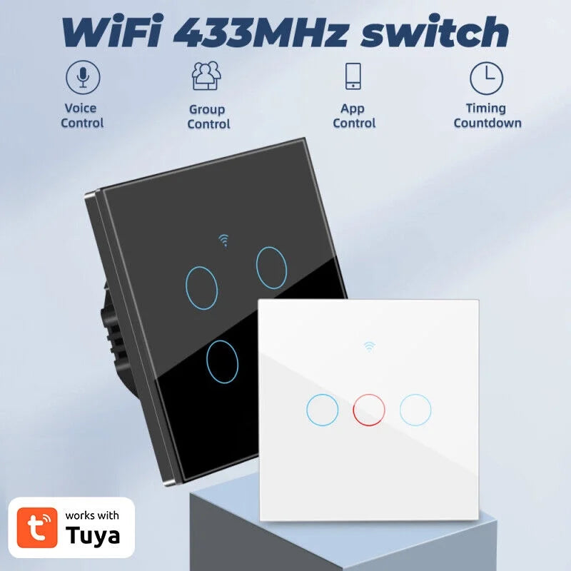 Smart Light Home Button Touch WiFi+433MHZ Glass Switch Wall Panel TUYA 3/4Gang