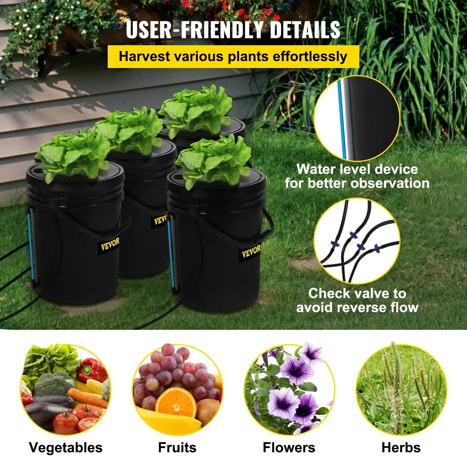 Leafy Vegetables with VEVOR Indicator DWC Kit, for Air Grow System Stone liquid 5-Gallon, Hydroponic 4-Bucket & Level Pump, Indoor/exterior