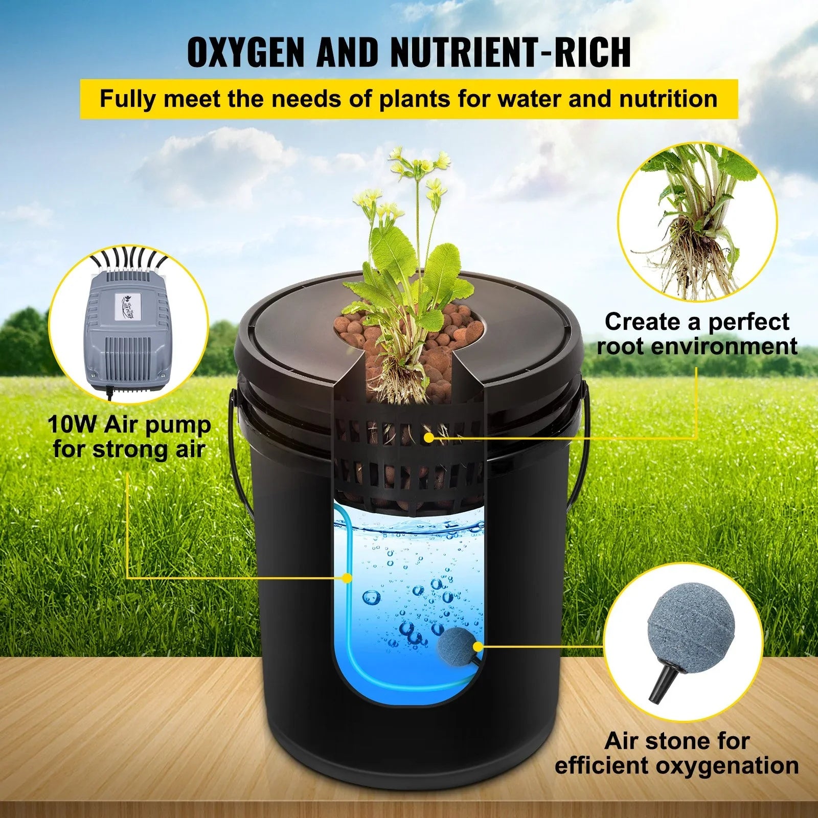 Leafy Vegetables with VEVOR Indicator DWC Kit, for Air Grow System Stone liquid 5-Gallon, Hydroponic 4-Bucket & Level Pump, Indoor/exterior