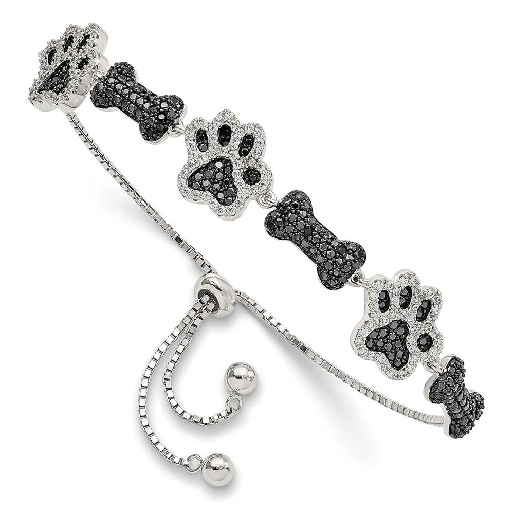 Bracelet Polished Print Adj Silver Bone Dog Paw Sterling CZ &