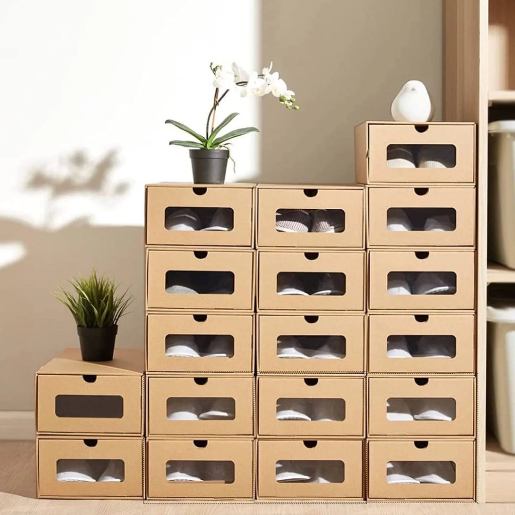 Shoe tonchean Boxes - Boxes Organizer Storage Transparent Cardboard Drawer Pack Lids Kraft 10 and Shoes with Window-Gift Stackable