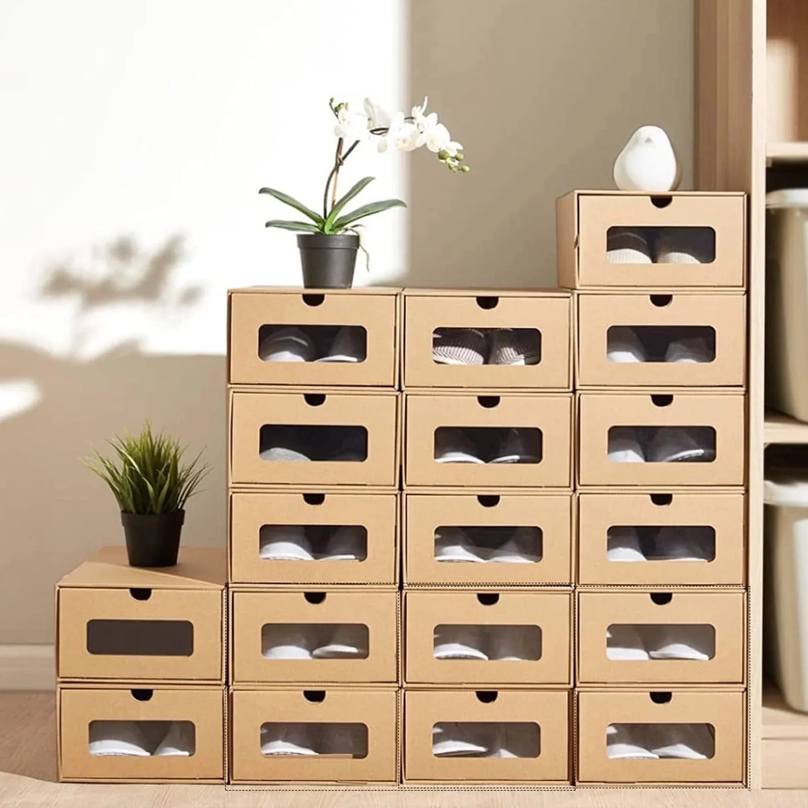 Shoe tonchean Boxes - Boxes Organizer Storage Transparent Cardboard Drawer Pack Lids Kraft 10 and Shoes with Window-Gift Stackable