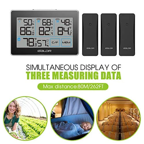 and Hanging Station Max Tracker Real-Time with - Slot, LCD, Sensors, climate BALDR Wireless 262 Built-in Remote ft with 3 Humidity Digital Meter Black Temperature and Distance Touchscreen, Stand