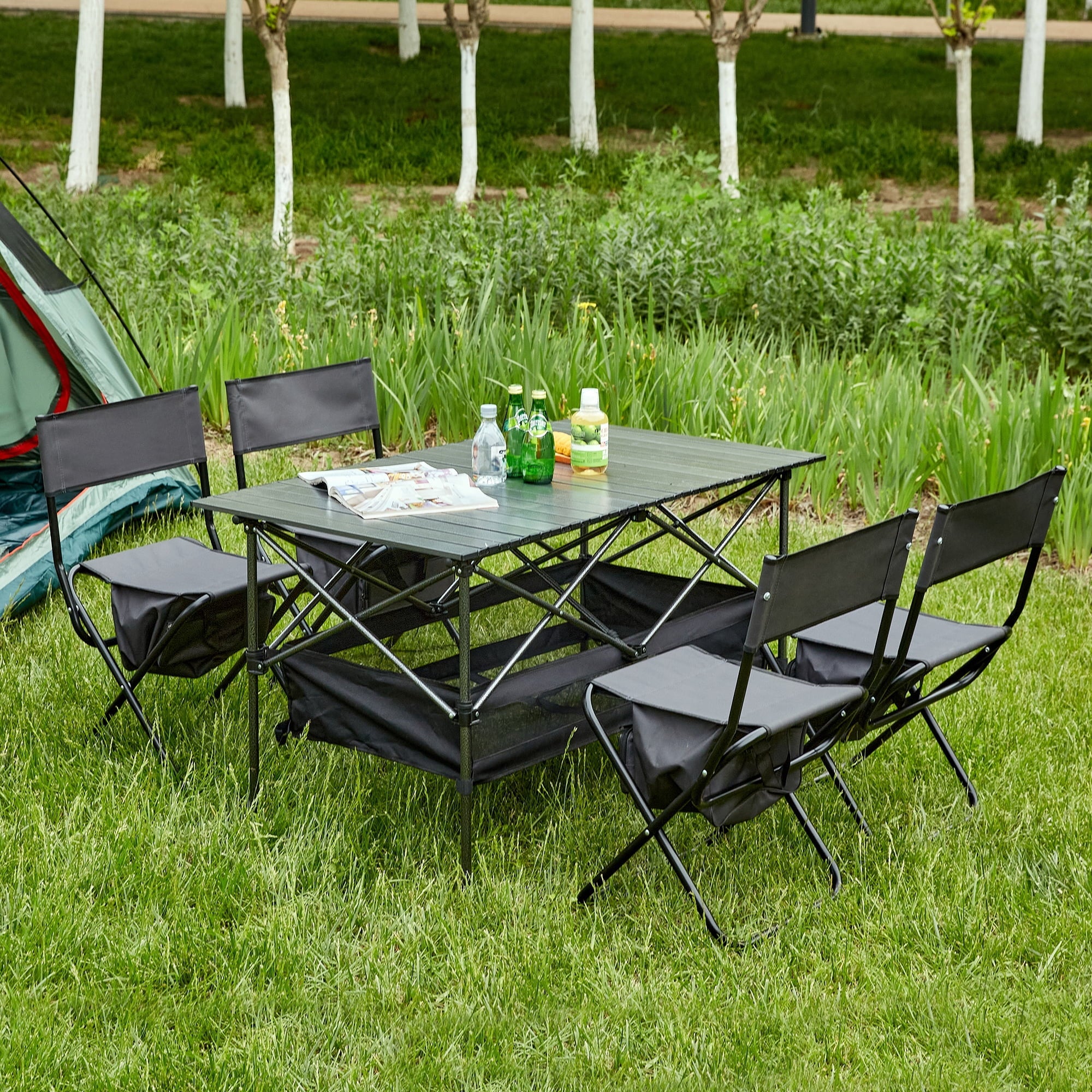 Set Folding BBQ, Set Black/Gray and Chair Camping, 5, Party, Indoor, exterior of Picnics, exterior for Beach,Backyard, Table Patio,