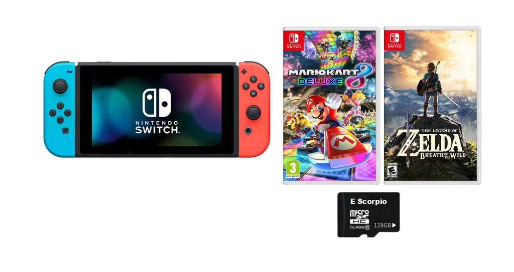 Nintendo of Switch Membership Breath Nintendo Online the Zelda: Wild Red Mario Neon Switch /The Blue Bundle: of 32GB 8 Deluxe Nintendo and Switch Console and with Joy-Con, Months Legend 3 Kart