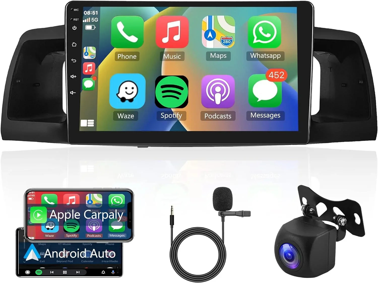 Rimoody Mirror Android Radio ex for Camera Car with Carplay, Backup 9 1G+32G FM Stereo THONZER Touch GPS Corolla WiFi Car Link Bluetooth SWC Inch Wireless Toyota 2007-2012 USB RCA Screen +