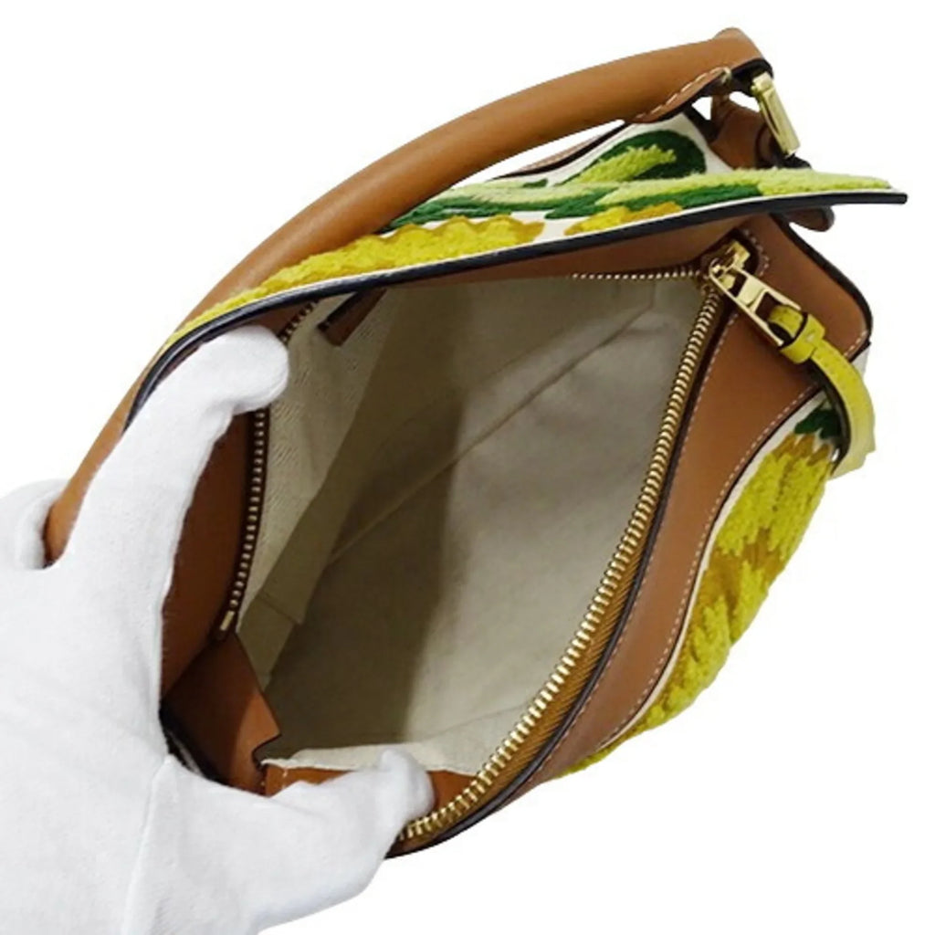 2way de Compact Women's LOEWE Shoulder (Good) Small Embroidery Mini Yellow Handbag William Collaboration Puzzle Brand Leather Brown Morgan Floral Bag Pre-Owned